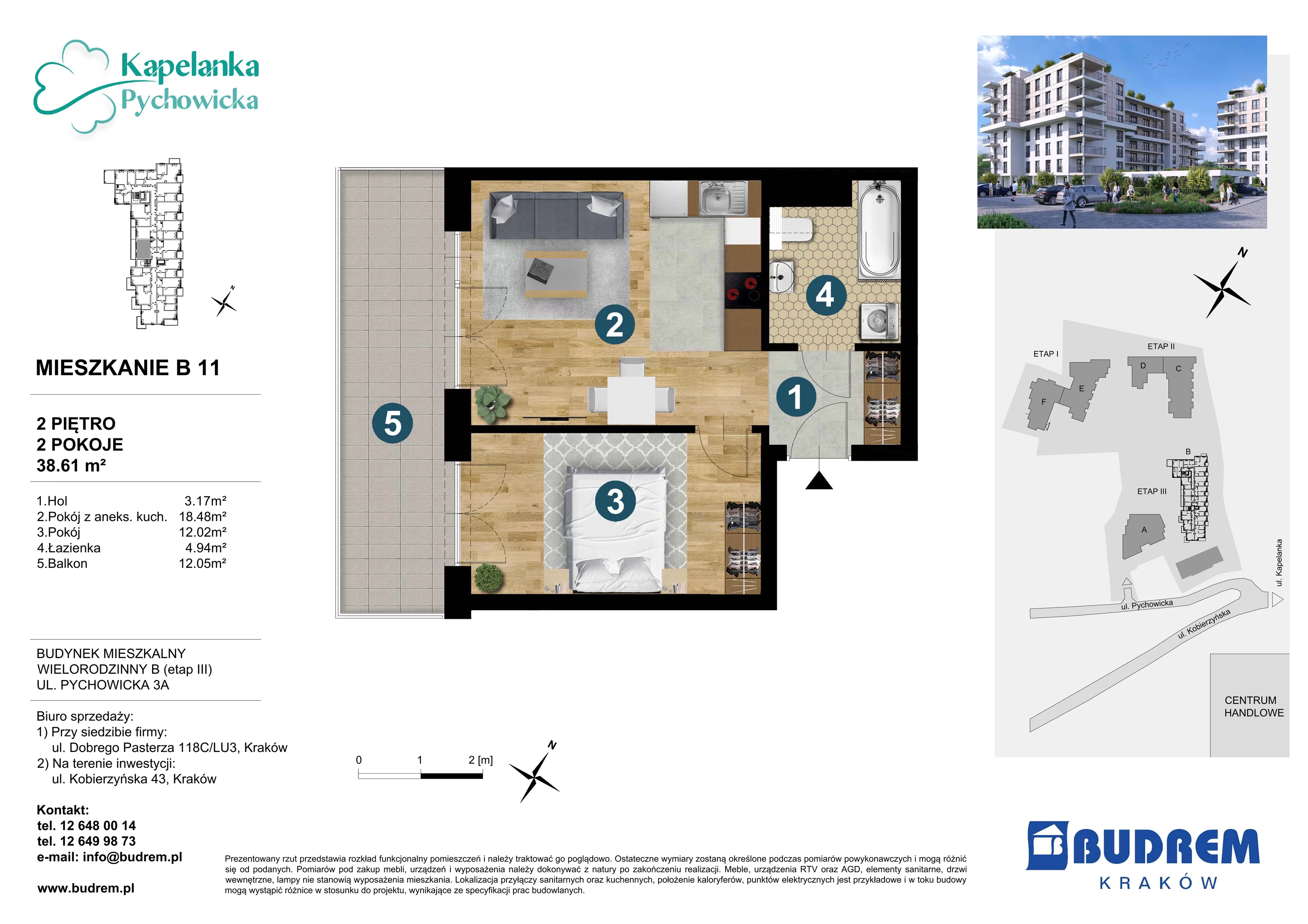 Mieszkanie 38,61 m², piętro 2, oferta nr B11, Kapelanka – Pychowicka - Budynek B, Kraków, Dębniki, Zakrzówek, ul. Pychowicka 3 / 3A