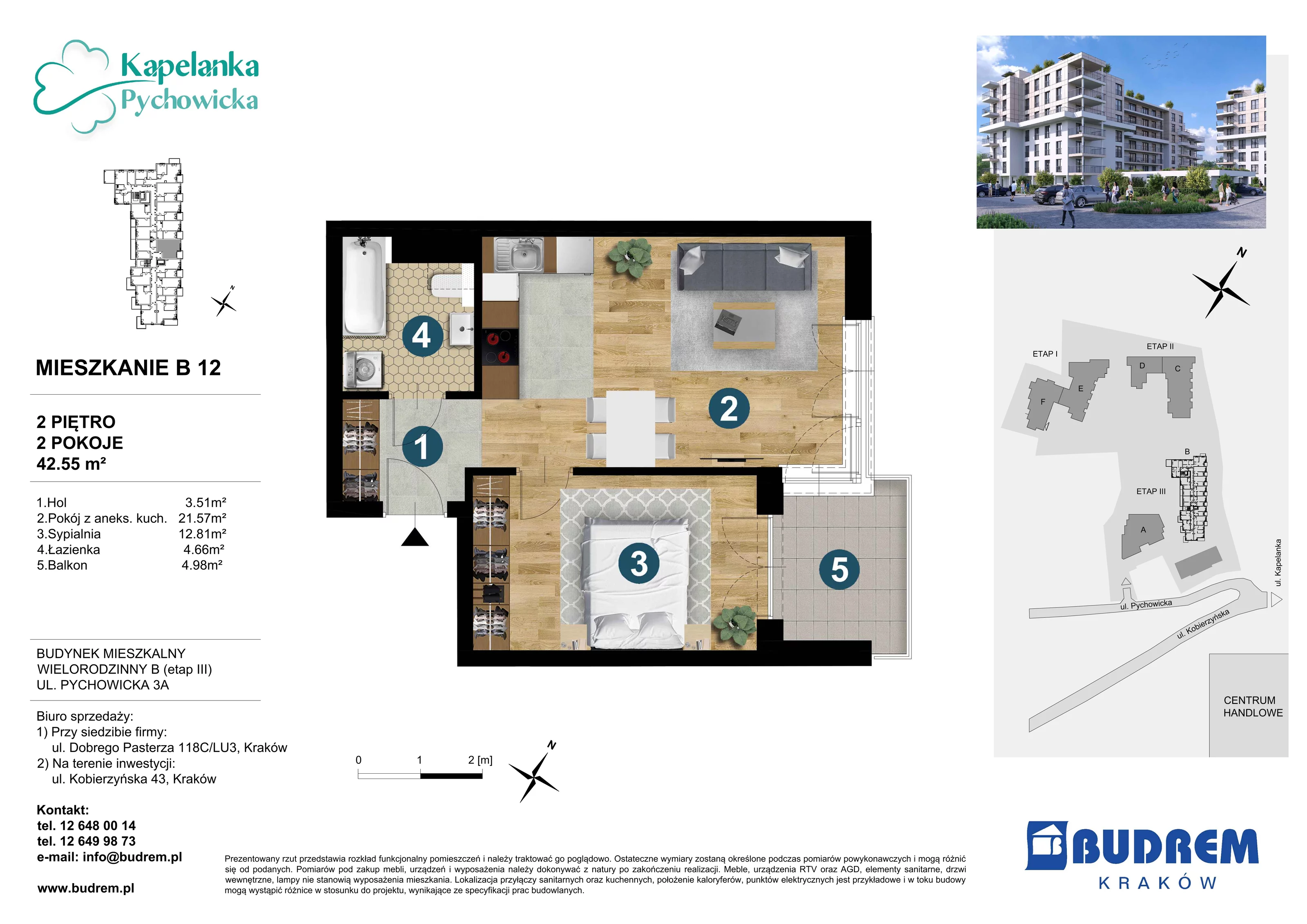 Mieszkanie 42,55 m², piętro 2, oferta nr B12, Kapelanka – Pychowicka - Budynek B, Kraków, Dębniki, Zakrzówek, ul. Pychowicka 3 / 3A