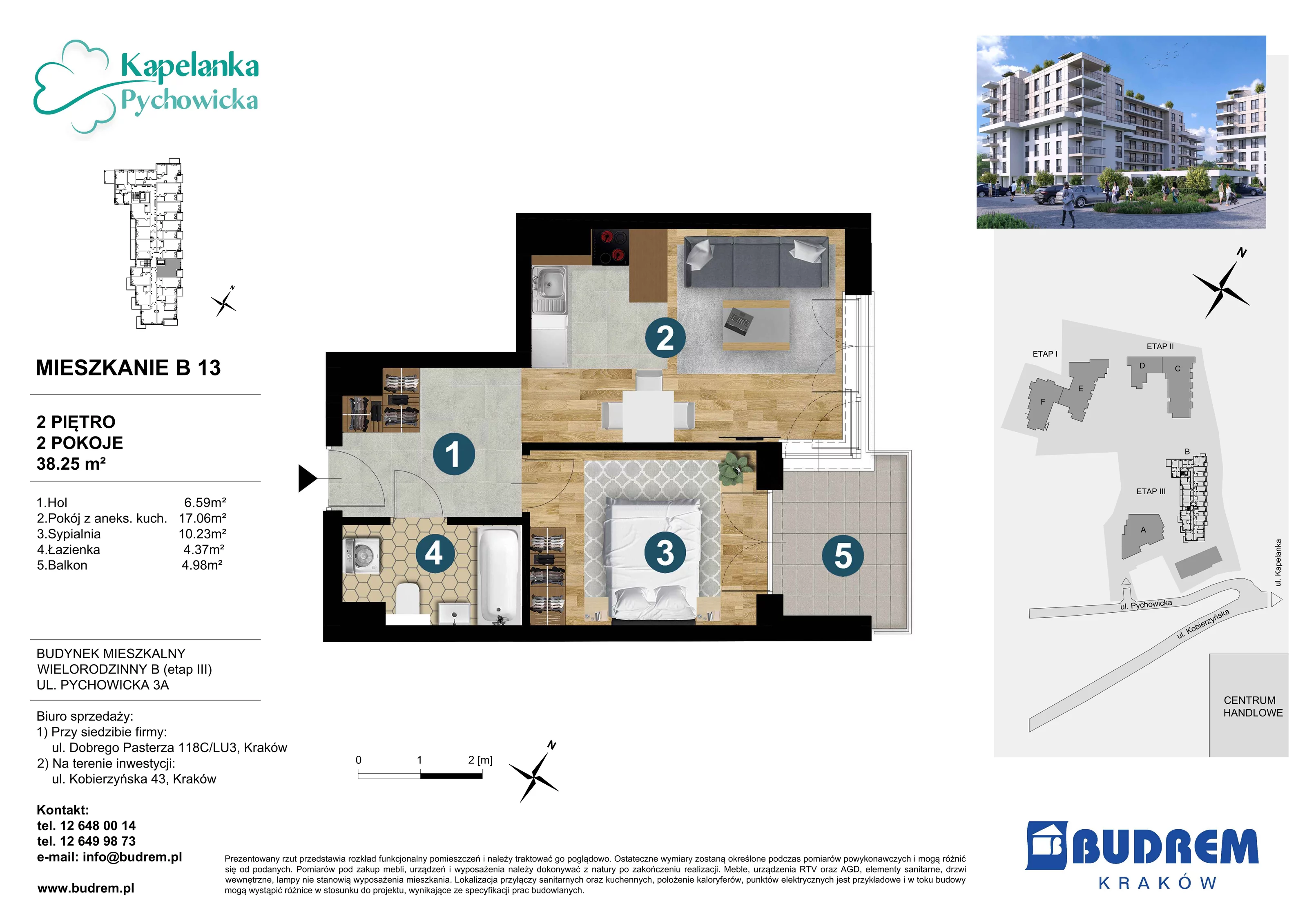 Mieszkanie 38,25 m², piętro 2, oferta nr B13, Kapelanka – Pychowicka - Budynek B, Kraków, Dębniki, Zakrzówek, ul. Pychowicka 3 / 3A