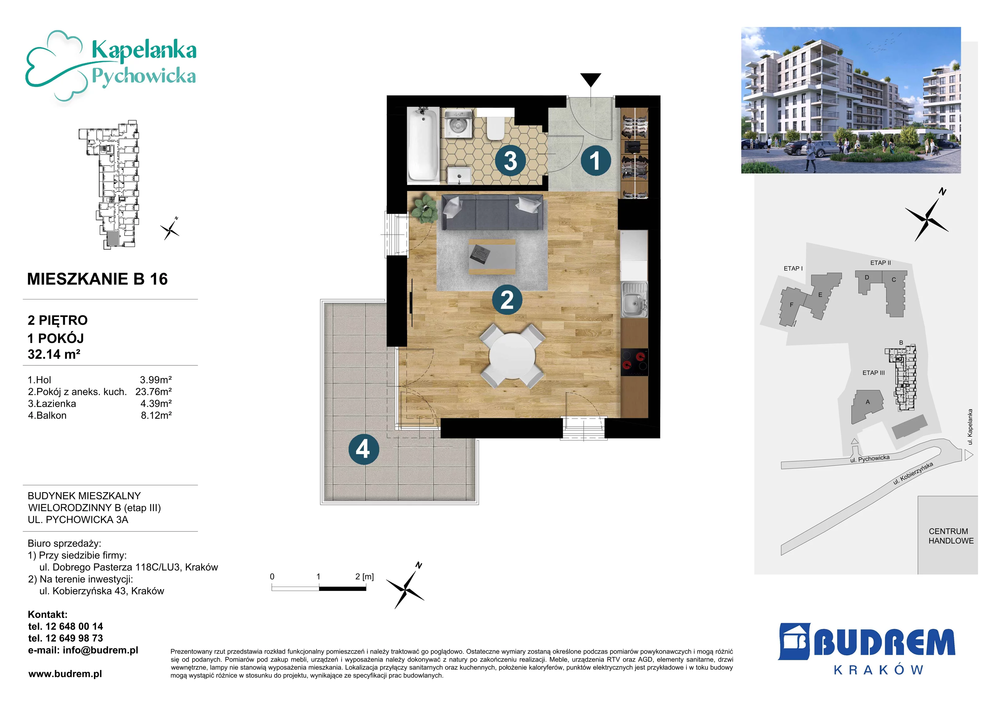 Mieszkanie 32,14 m², piętro 2, oferta nr B16, Kapelanka – Pychowicka - Budynek B, Kraków, Dębniki, Zakrzówek, ul. Pychowicka 3 / 3A