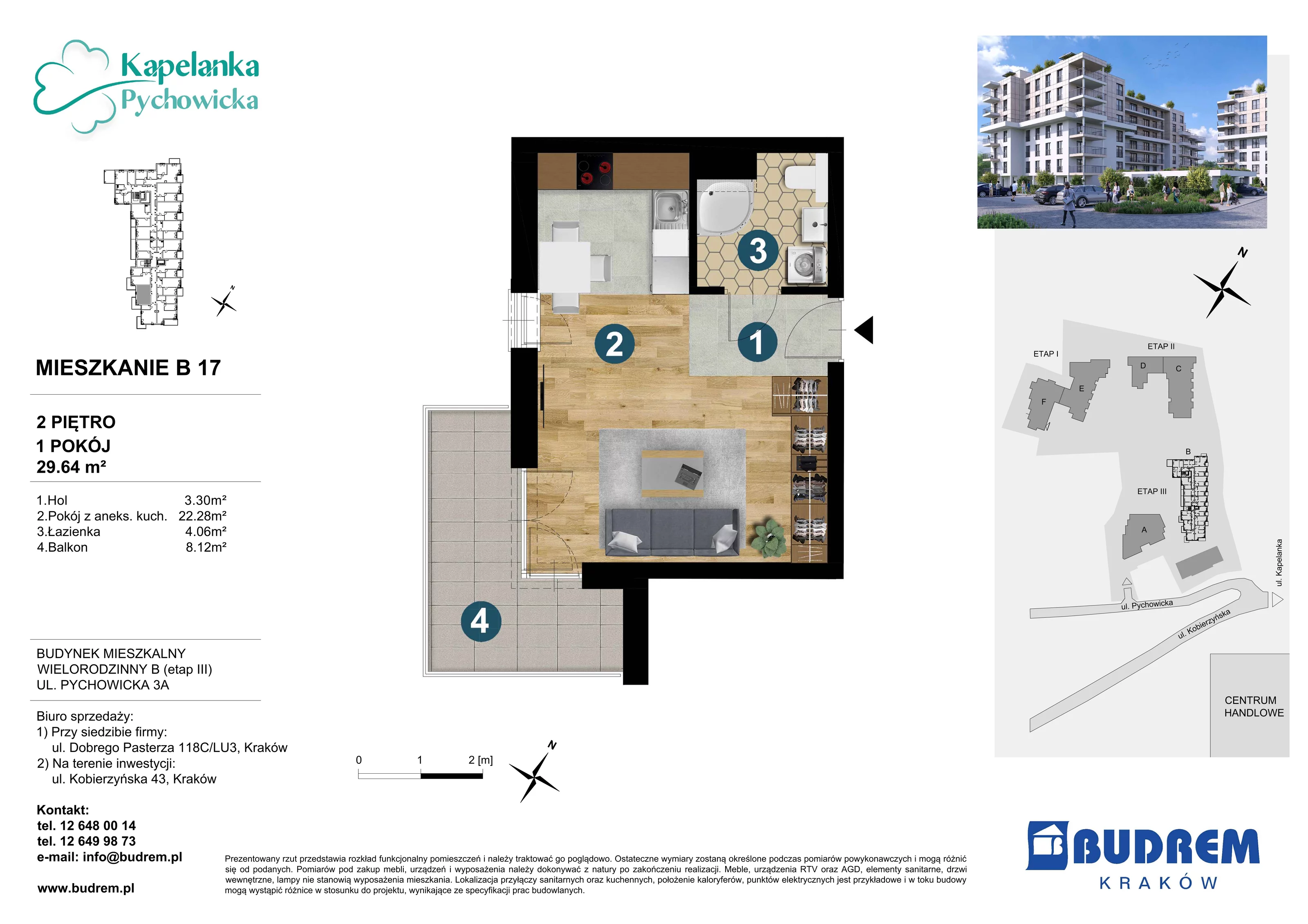 Mieszkanie 29,64 m², piętro 2, oferta nr B17, Kapelanka – Pychowicka - Budynek B, Kraków, Dębniki, Zakrzówek, ul. Pychowicka 3 / 3A