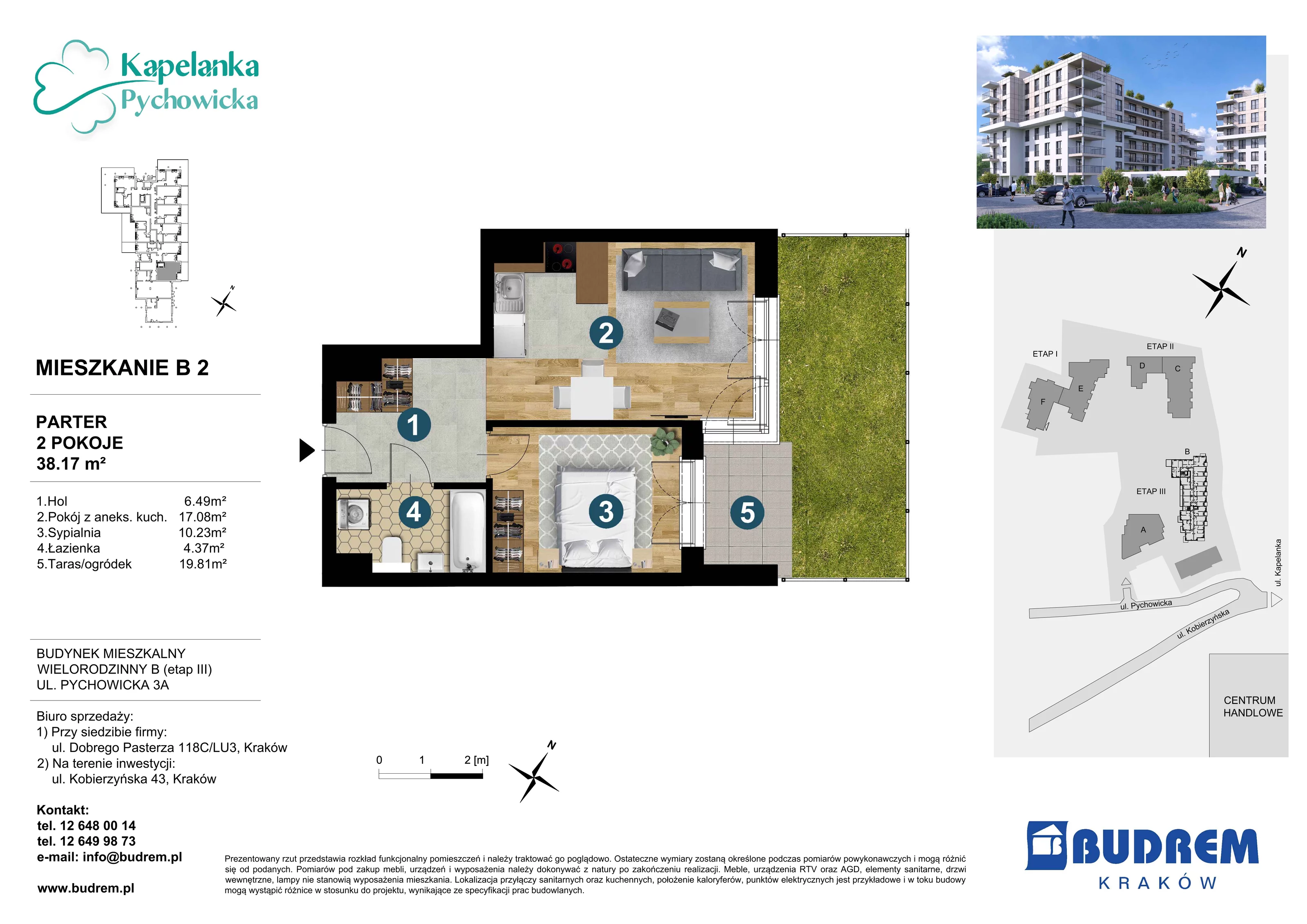 Mieszkanie 38,17 m², parter, oferta nr B2, Kapelanka – Pychowicka - Budynek B, Kraków, Dębniki, Zakrzówek, ul. Pychowicka 3 / 3A