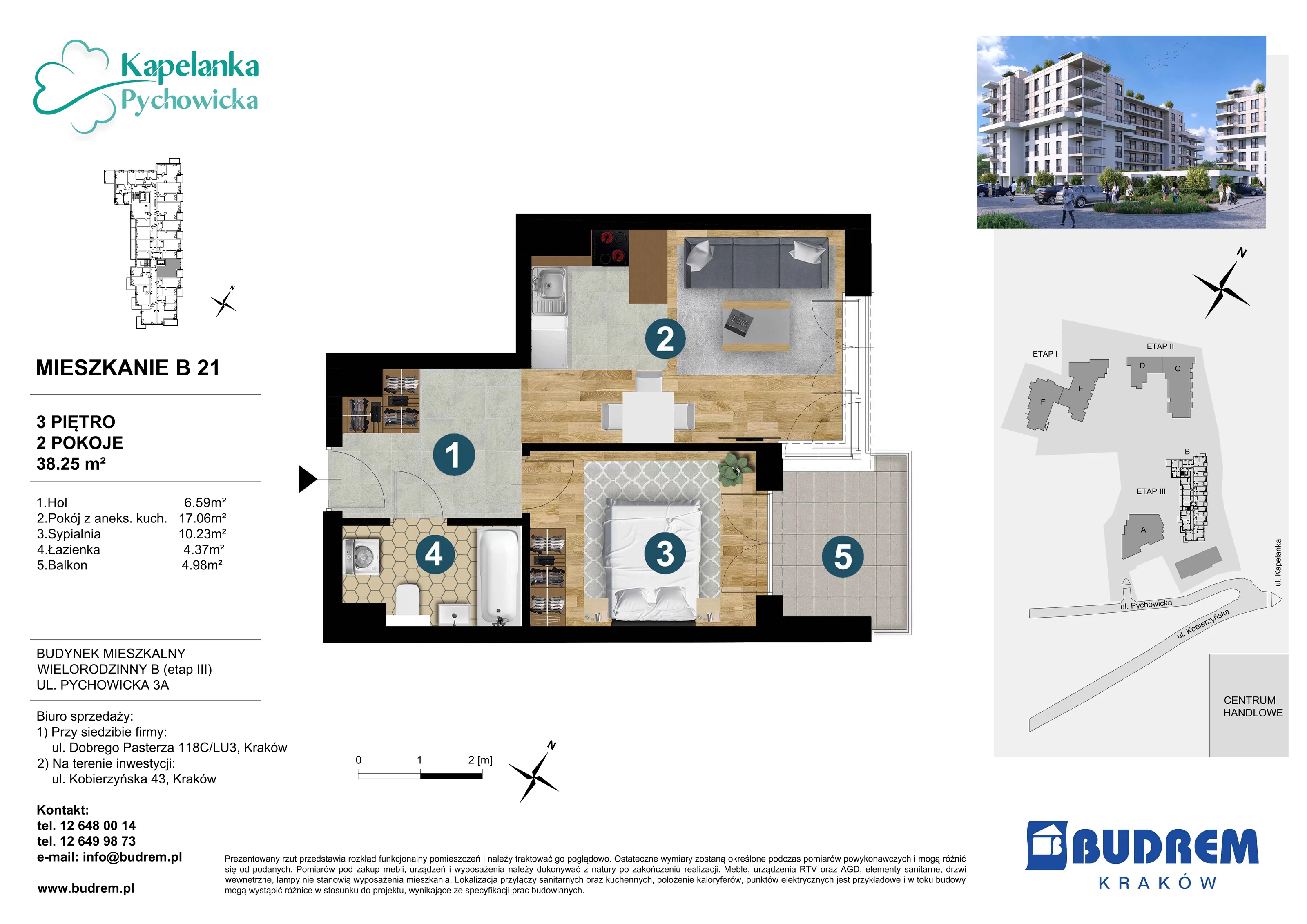 Mieszkanie 38,25 m², piętro 3, oferta nr B21, Kapelanka – Pychowicka - Budynek B, Kraków, Dębniki, Zakrzówek, ul. Pychowicka 3 / 3A