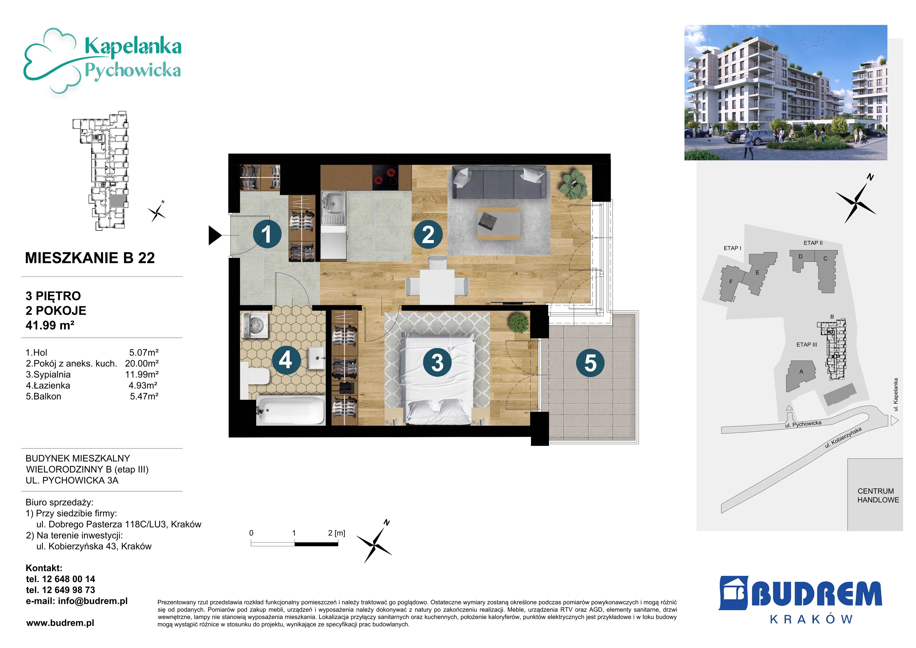 Mieszkanie 41,99 m², piętro 3, oferta nr B22, Kapelanka – Pychowicka - Budynek B, Kraków, Dębniki, Zakrzówek, ul. Pychowicka 3 / 3A