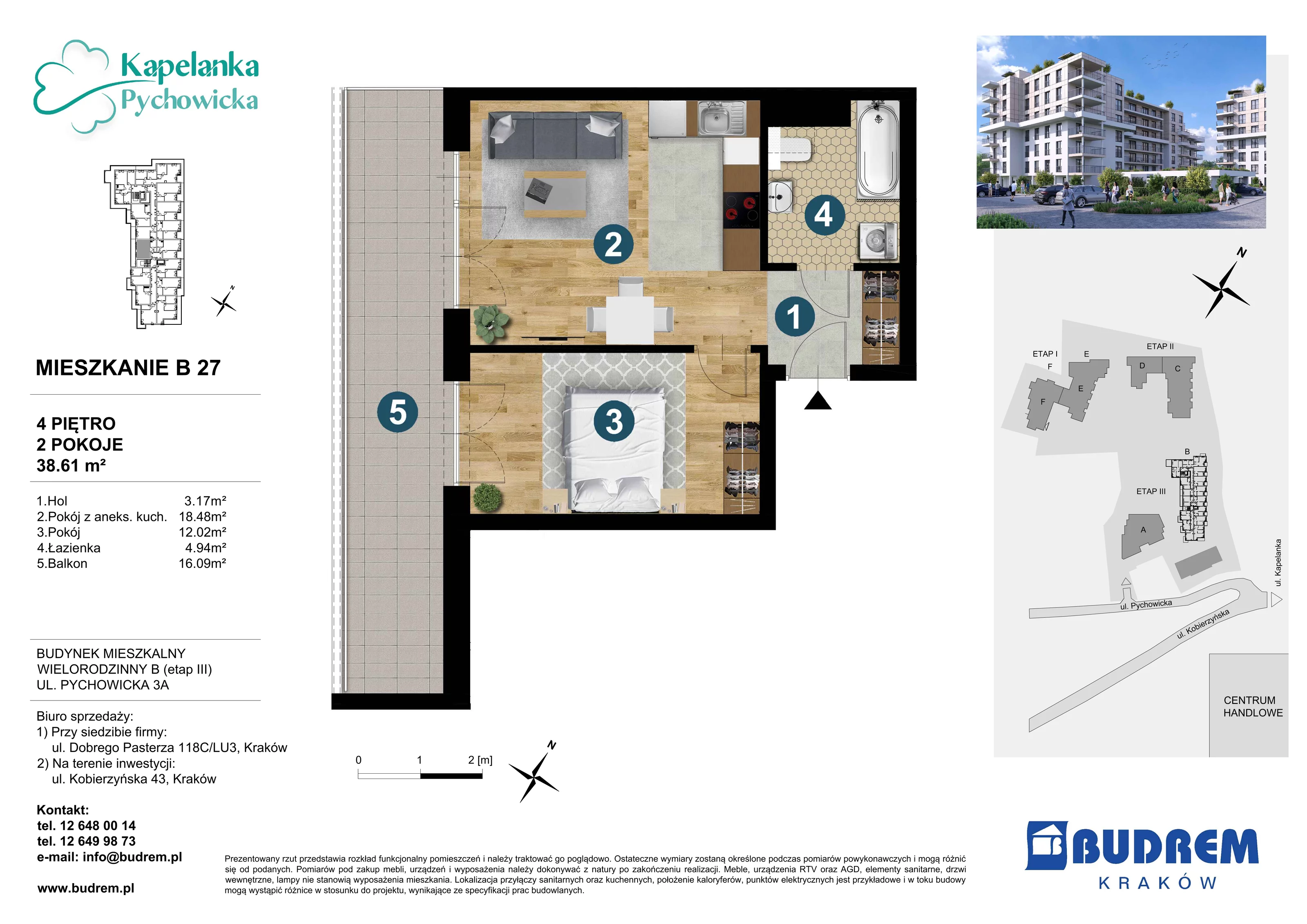 Mieszkanie 38,61 m², piętro 4, oferta nr B27, Kapelanka – Pychowicka - Budynek B, Kraków, Dębniki, Zakrzówek, ul. Pychowicka 3 / 3A