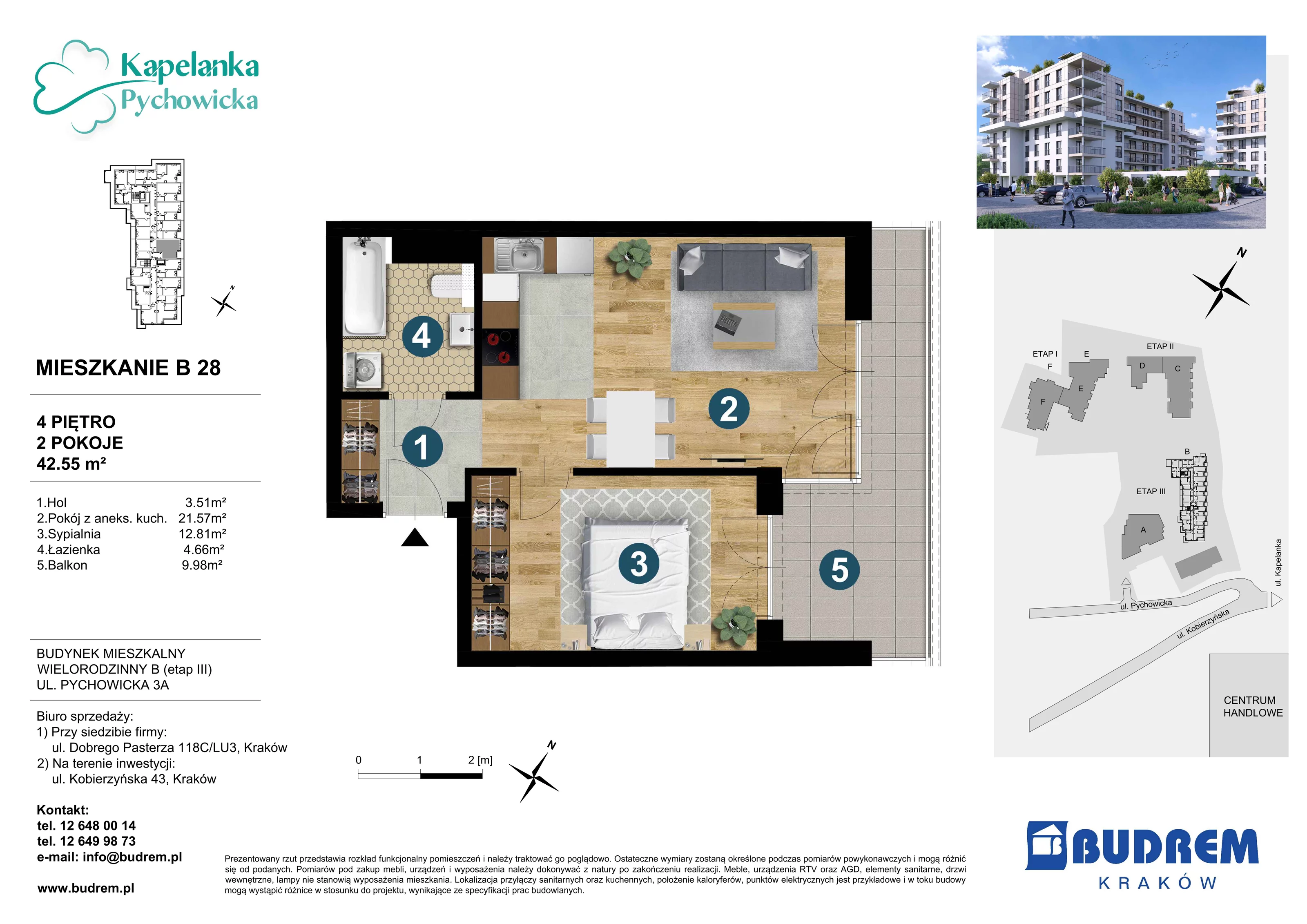 Mieszkanie 42,55 m², piętro 4, oferta nr B28, Kapelanka – Pychowicka - Budynek B, Kraków, Dębniki, Zakrzówek, ul. Pychowicka 3 / 3A