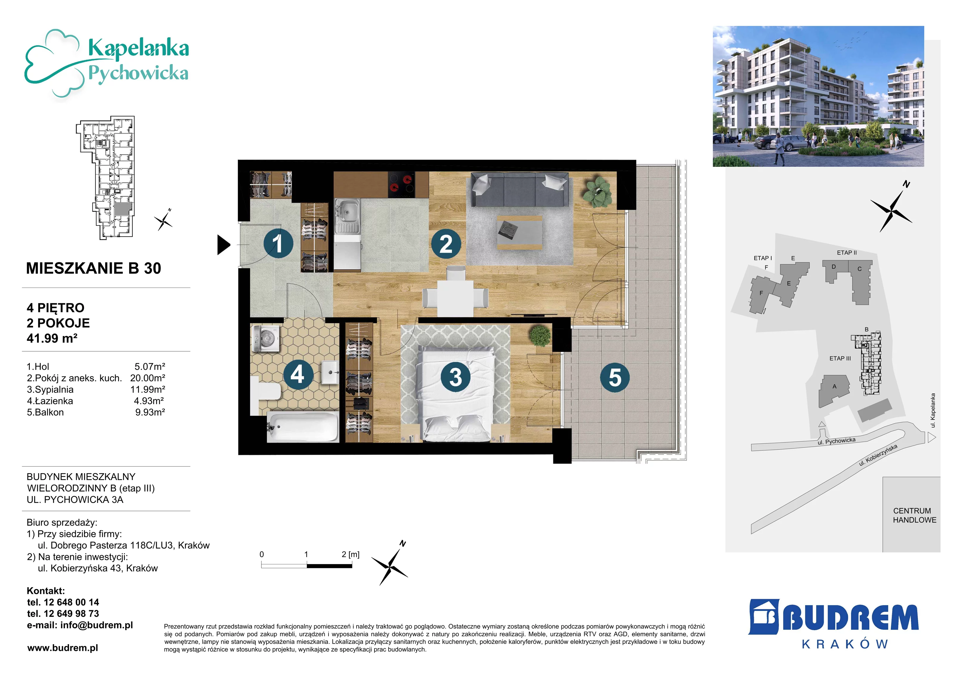 Mieszkanie 41,99 m², piętro 4, oferta nr B30, Kapelanka – Pychowicka - Budynek B, Kraków, Dębniki, Zakrzówek, ul. Pychowicka 3 / 3A