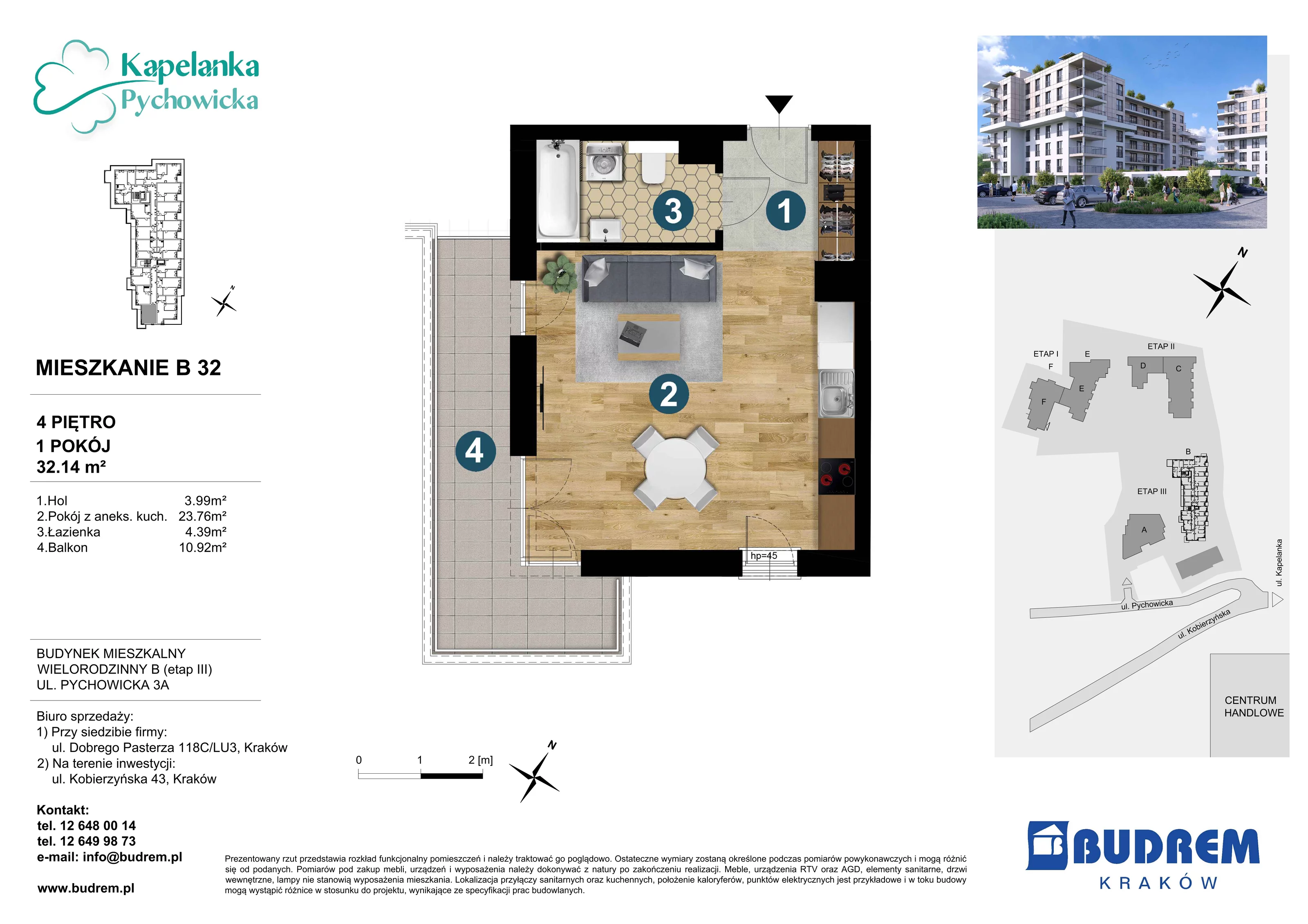 Mieszkanie 32,14 m², piętro 4, oferta nr B32, Kapelanka – Pychowicka - Budynek B, Kraków, Dębniki, Zakrzówek, ul. Pychowicka 3 / 3A