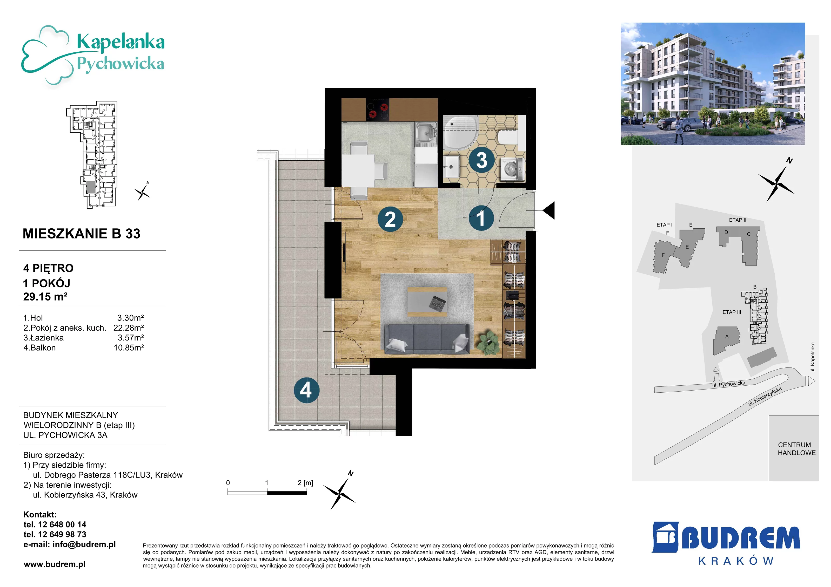 Mieszkanie 29,15 m², piętro 4, oferta nr B33, Kapelanka – Pychowicka - Budynek B, Kraków, Dębniki, Zakrzówek, ul. Pychowicka 3 / 3A