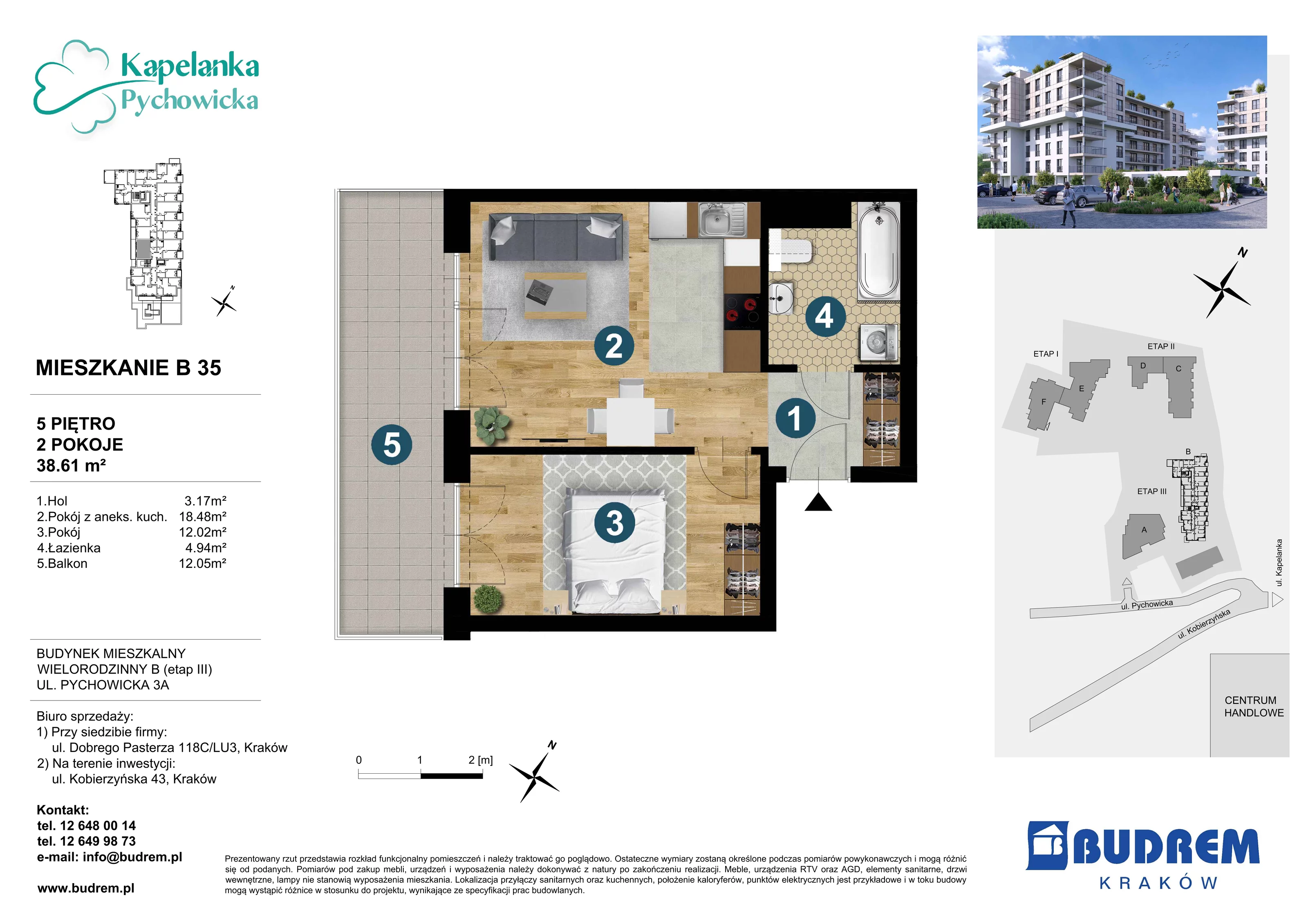 Mieszkanie 38,61 m², piętro 5, oferta nr B35, Kapelanka – Pychowicka - Budynek B, Kraków, Dębniki, Zakrzówek, ul. Pychowicka 3 / 3A