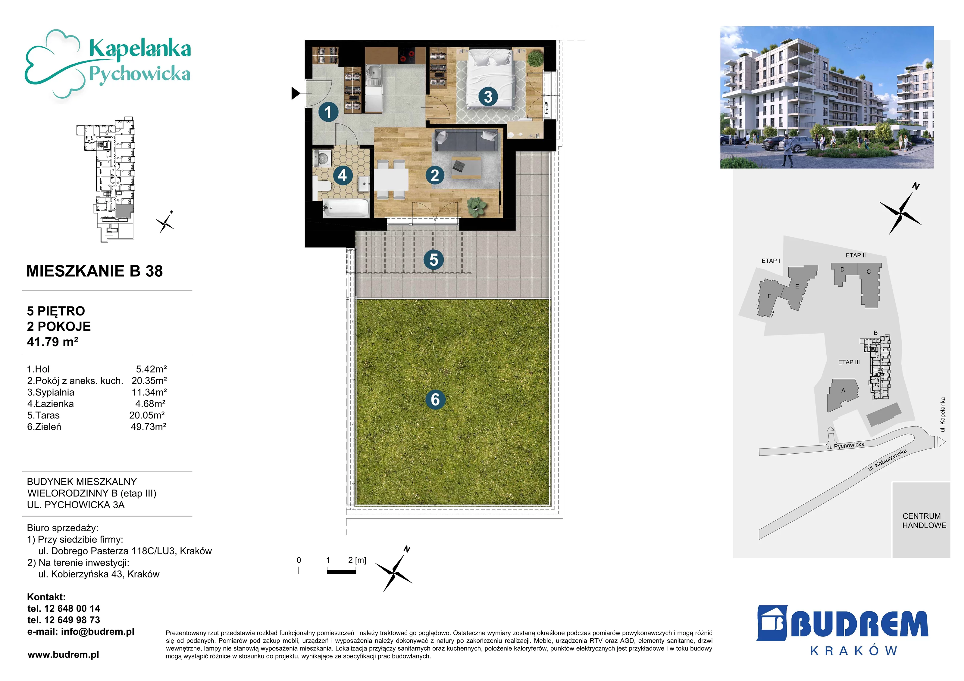 Mieszkanie 41,79 m², piętro 5, oferta nr B38, Kapelanka – Pychowicka - Budynek B, Kraków, Dębniki, Zakrzówek, ul. Pychowicka 3 / 3A