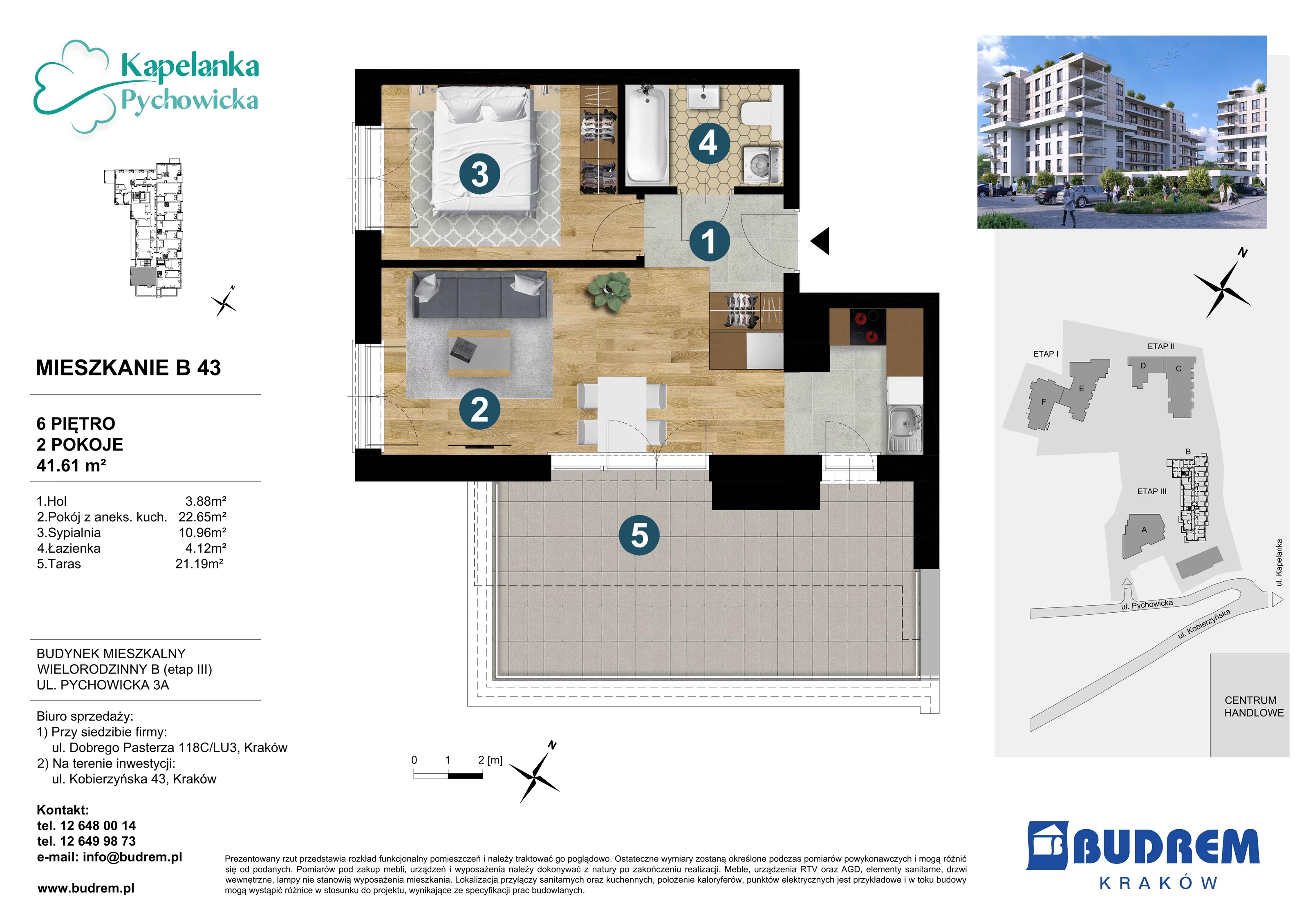 Mieszkanie 41,61 m², piętro 6, oferta nr B43, Kapelanka – Pychowicka - Budynek B, Kraków, Dębniki, Zakrzówek, ul. Pychowicka 3 / 3A