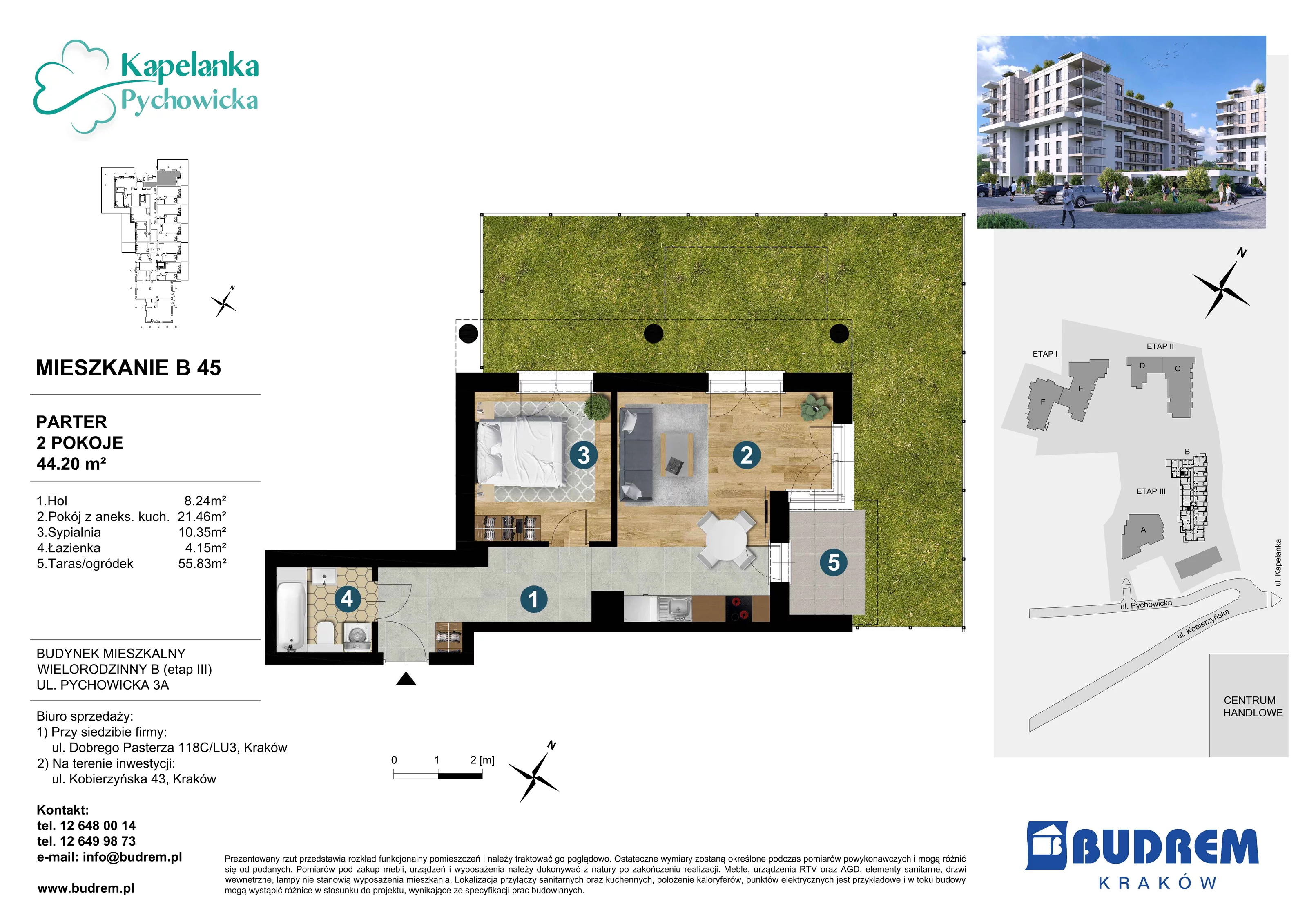 Mieszkanie 44,20 m², parter, oferta nr B45, Kapelanka – Pychowicka - Budynek B, Kraków, Dębniki, Zakrzówek, ul. Pychowicka 3 / 3A