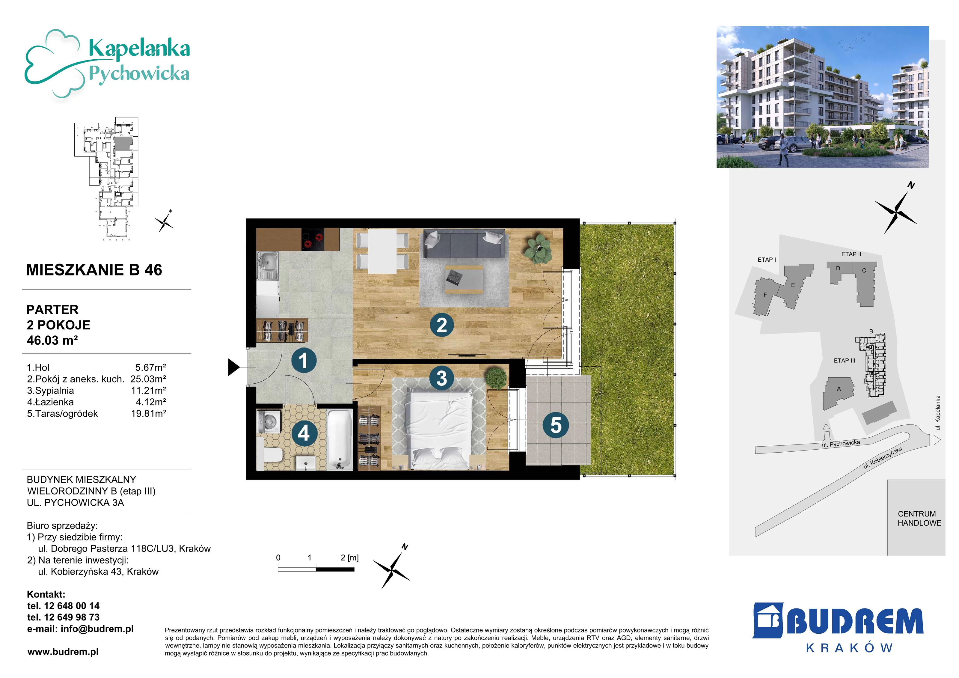 Mieszkanie 46,03 m², parter, oferta nr B46, Kapelanka – Pychowicka - Budynek B, Kraków, Dębniki, Zakrzówek, ul. Pychowicka 3 / 3A