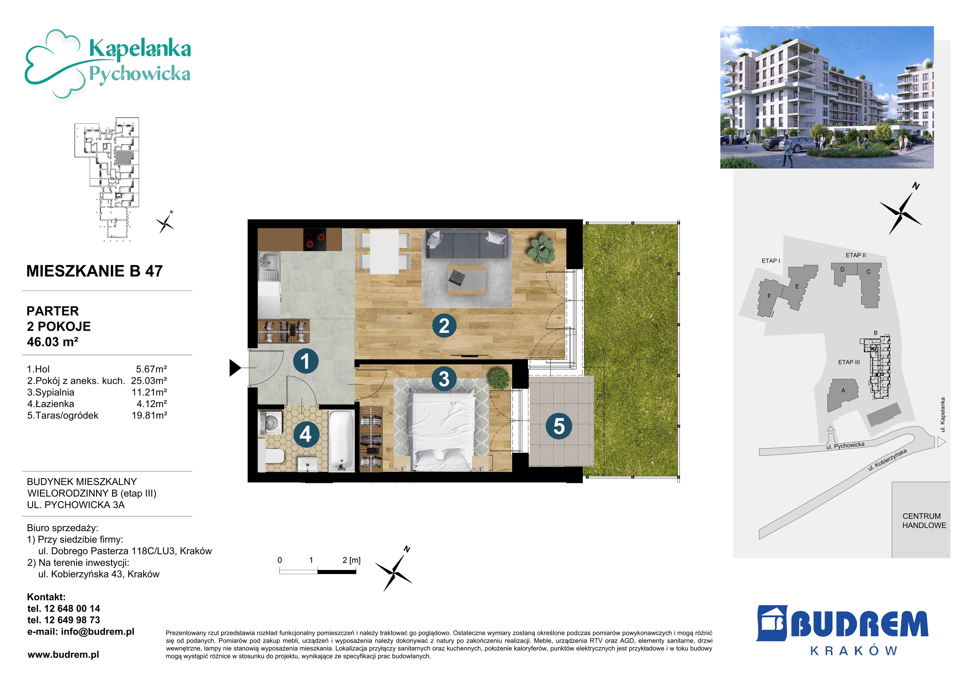 Mieszkanie 46,03 m², parter, oferta nr B47, Kapelanka – Pychowicka - Budynek B, Kraków, Dębniki, Zakrzówek, ul. Pychowicka 3 / 3A