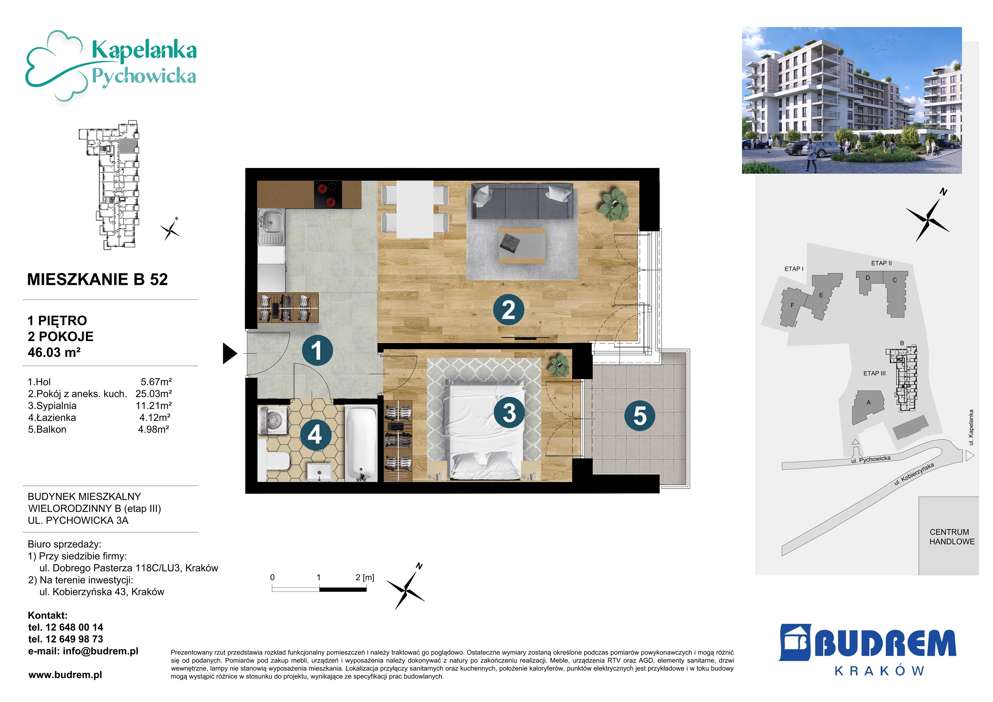 Mieszkanie 46,03 m², piętro 1, oferta nr B52, Kapelanka – Pychowicka - Budynek B, Kraków, Dębniki, Zakrzówek, ul. Pychowicka 3 / 3A