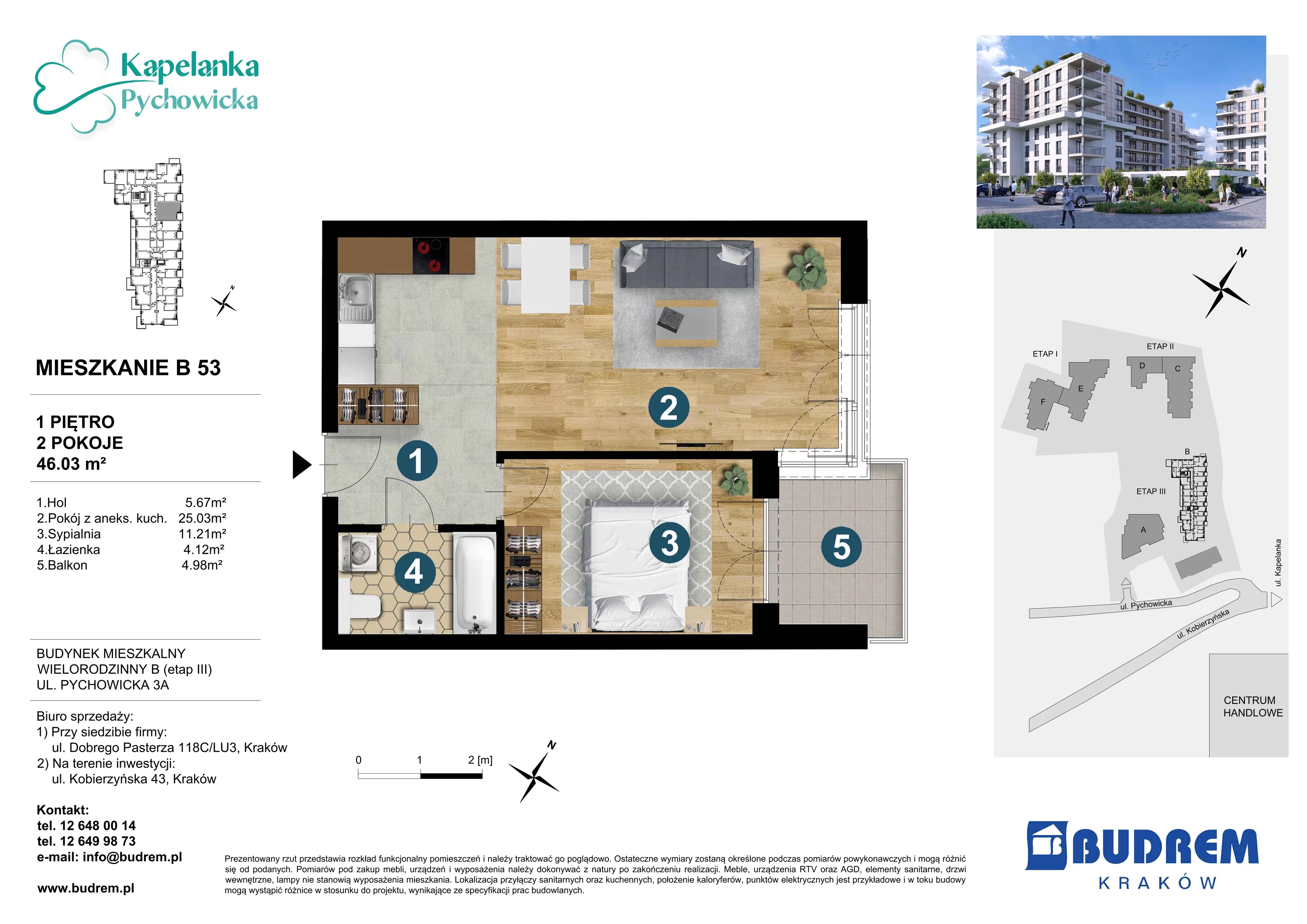 Mieszkanie 45,06 m², piętro 1, oferta nr B53, Kapelanka – Pychowicka - Budynek B, Kraków, Dębniki, Zakrzówek, ul. Pychowicka 3 / 3A