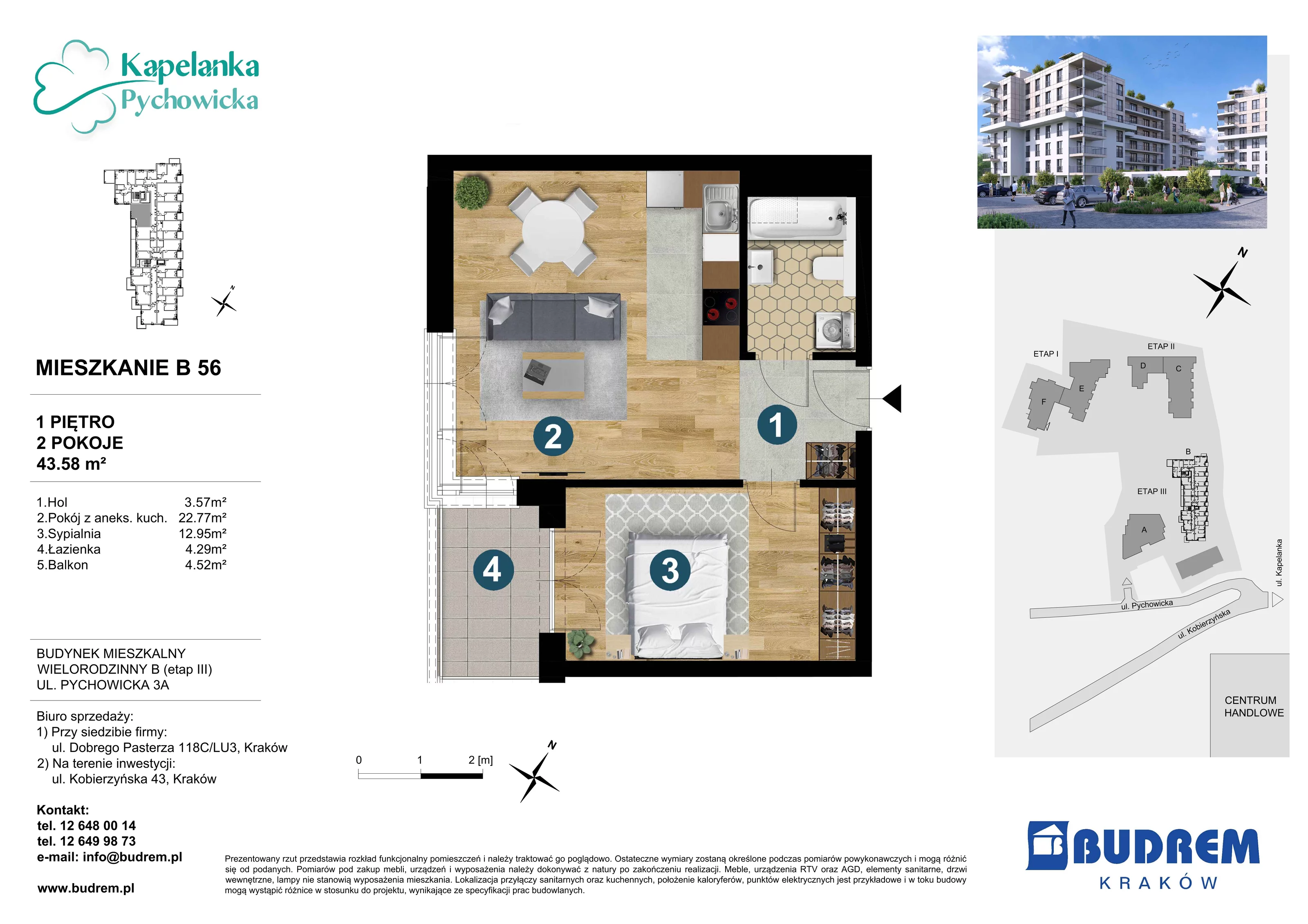 Mieszkanie 43,58 m², piętro 1, oferta nr B56, Kapelanka – Pychowicka - Budynek B, Kraków, Dębniki, Zakrzówek, ul. Pychowicka 3 / 3A