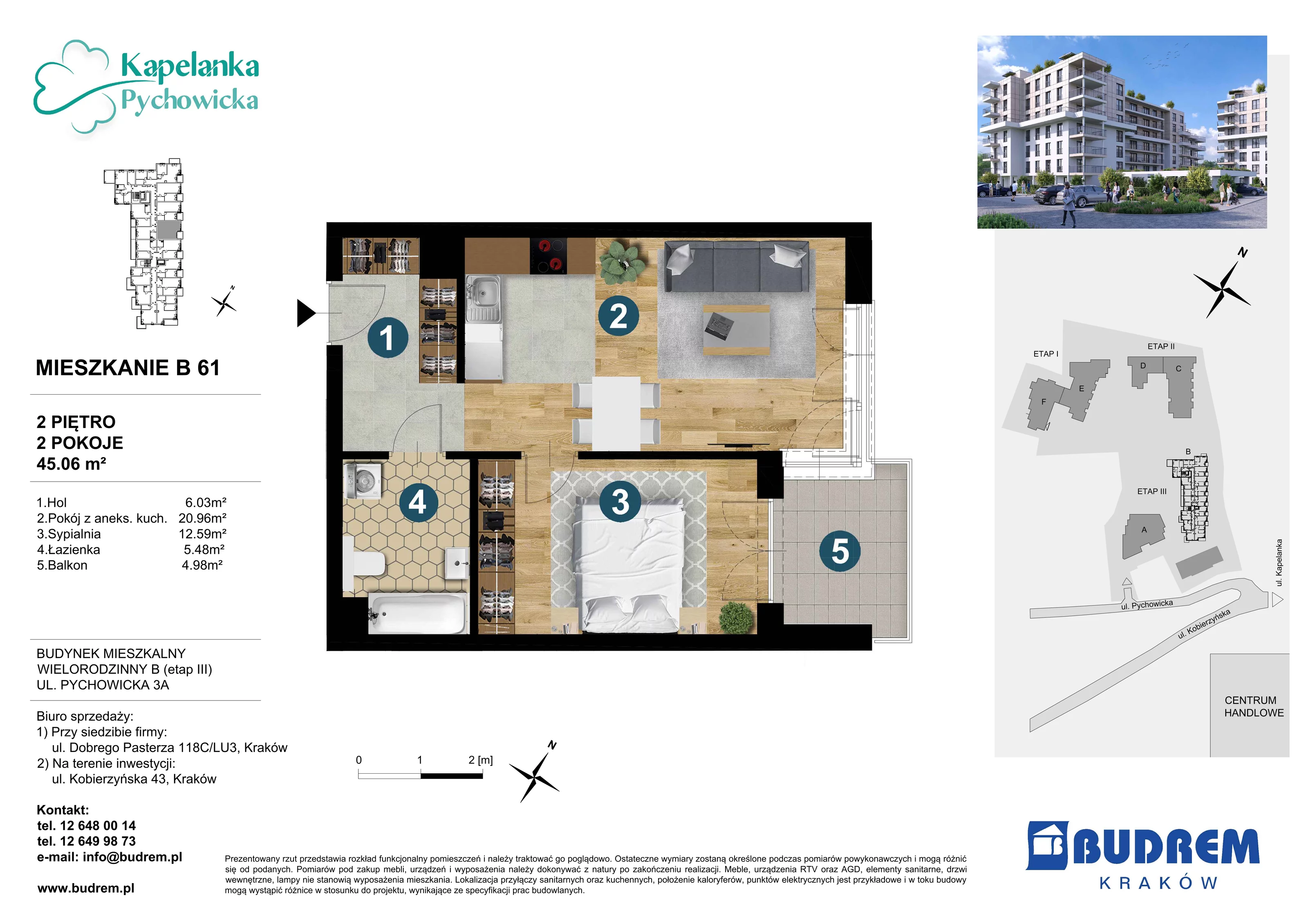 Mieszkanie 45,06 m², piętro 2, oferta nr B61, Kapelanka – Pychowicka - Budynek B, Kraków, Dębniki, Zakrzówek, ul. Pychowicka 3 / 3A