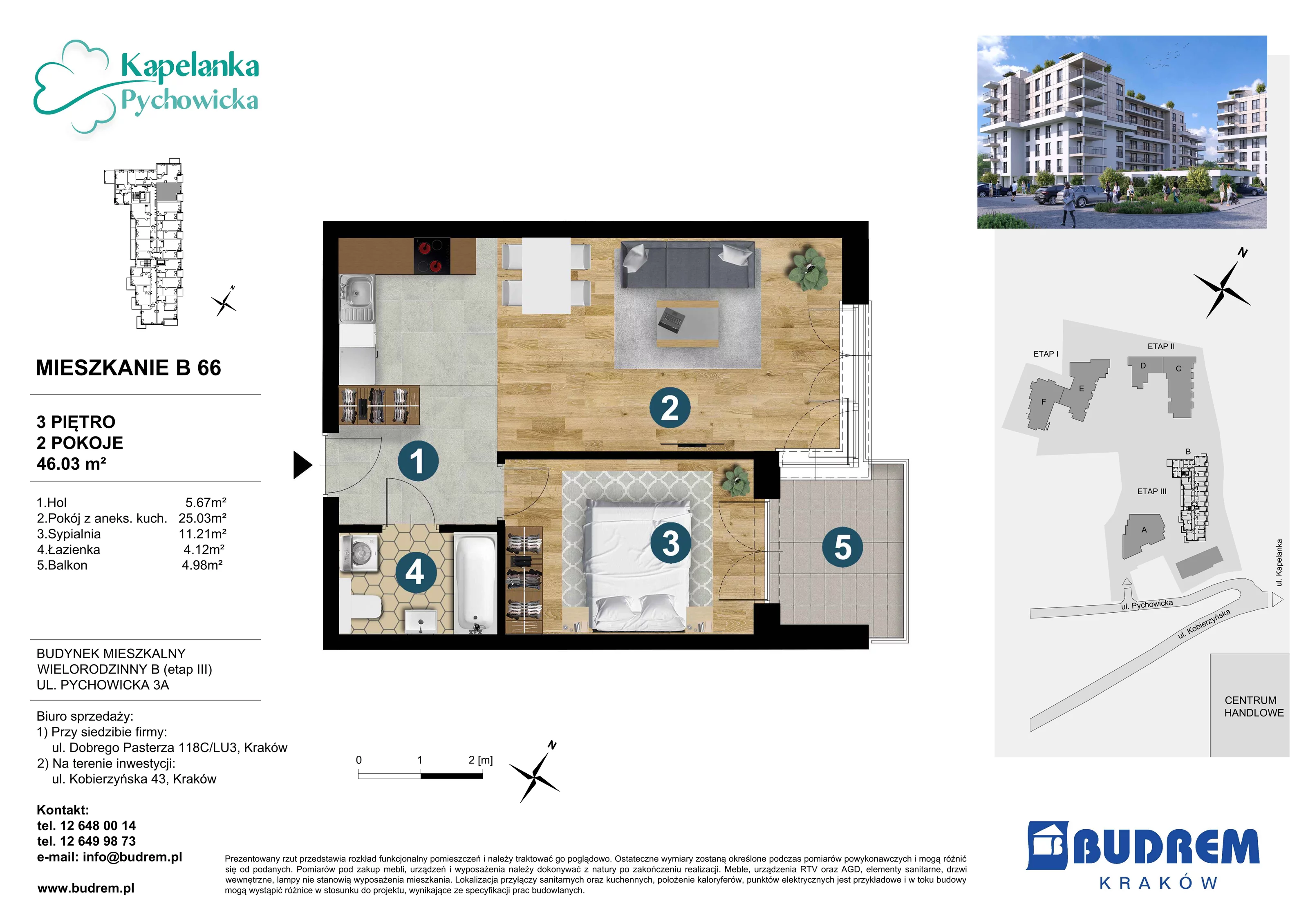 Mieszkanie 46,03 m², piętro 3, oferta nr B66, Kapelanka – Pychowicka - Budynek B, Kraków, Dębniki, Zakrzówek, ul. Pychowicka 3 / 3A