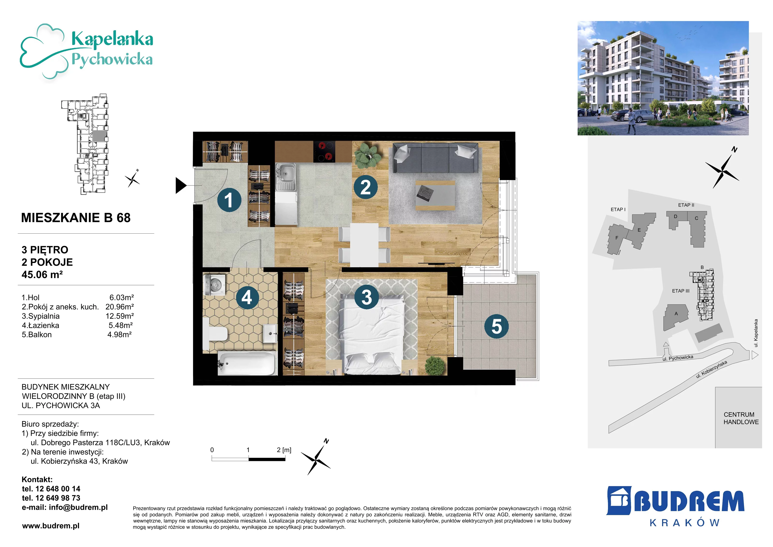 Mieszkanie 45,06 m², piętro 3, oferta nr B68, Kapelanka – Pychowicka - Budynek B, Kraków, Dębniki, Zakrzówek, ul. Pychowicka 3 / 3A