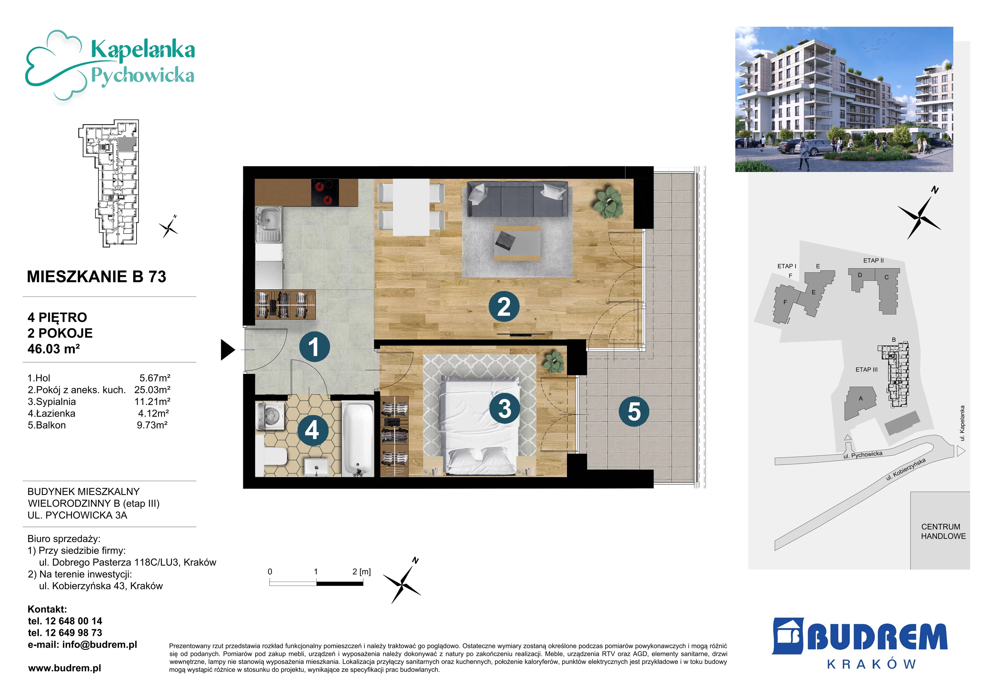 Mieszkanie 46,03 m², piętro 4, oferta nr B73, Kapelanka – Pychowicka - Budynek B, Kraków, Dębniki, Zakrzówek, ul. Pychowicka 3 / 3A