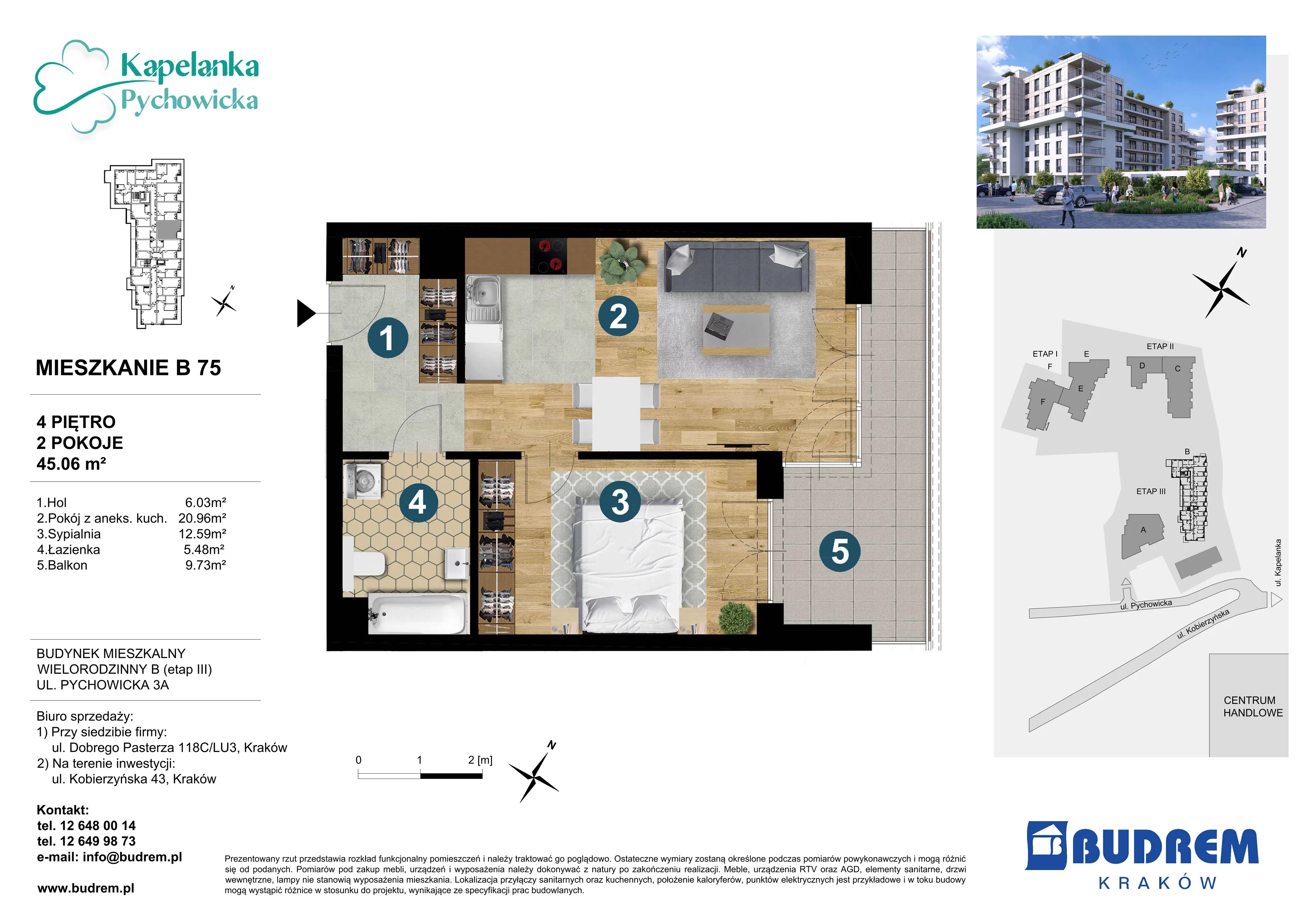 Mieszkanie 45,06 m², piętro 4, oferta nr B75, Kapelanka – Pychowicka - Budynek B, Kraków, Dębniki, Zakrzówek, ul. Pychowicka 3 / 3A