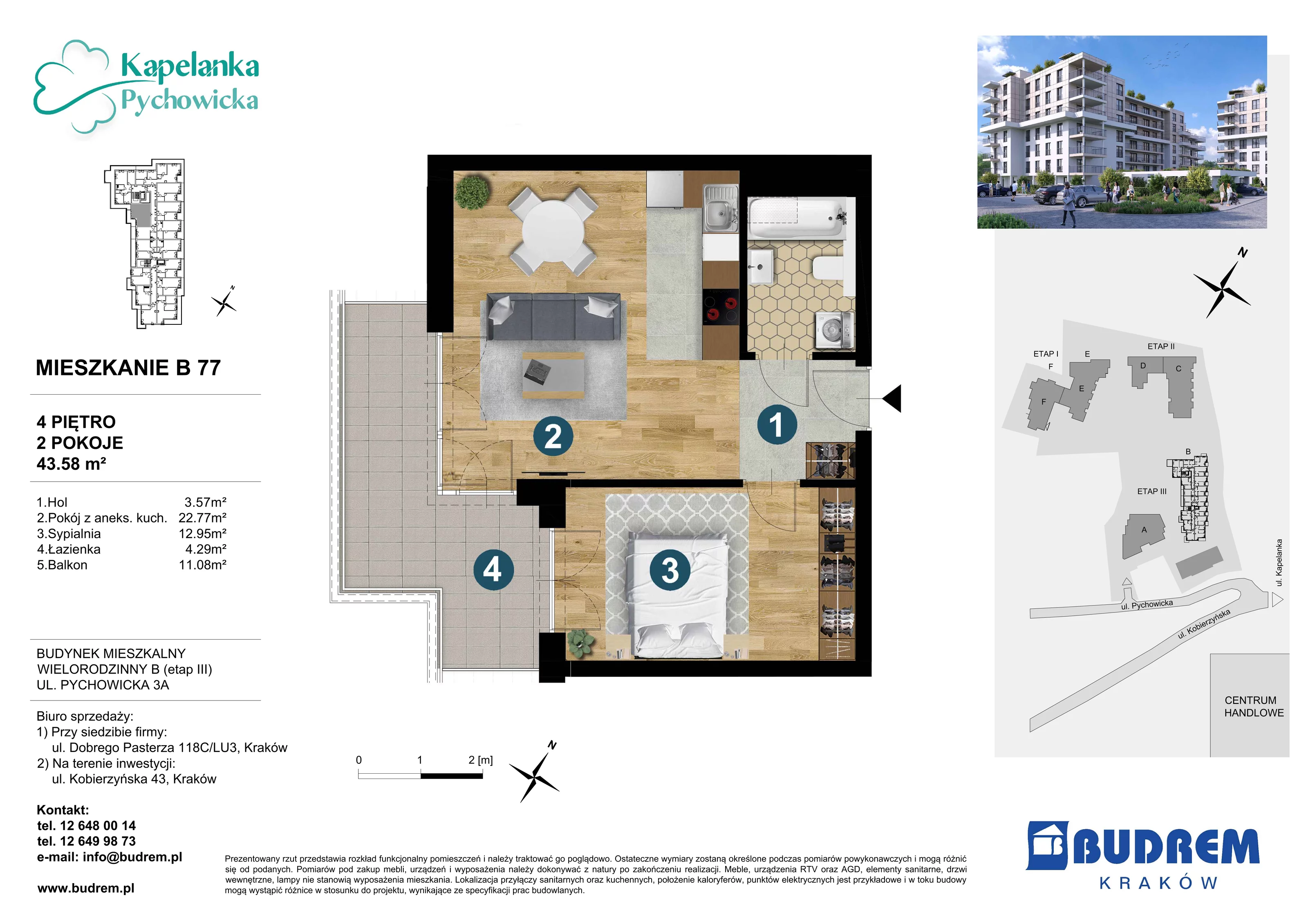 Mieszkanie 43,58 m², piętro 4, oferta nr B77, Kapelanka – Pychowicka - Budynek B, Kraków, Dębniki, Zakrzówek, ul. Pychowicka 3 / 3A