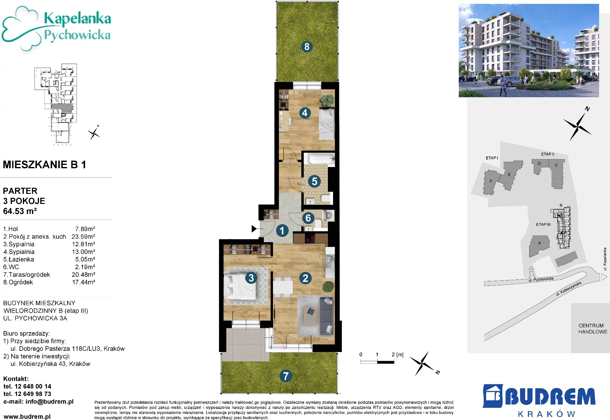 3 pokoje, mieszkanie 64,53 m², parter, oferta nr B1, Kapelanka – Pychowicka - Budynek B, Kraków, Dębniki, Zakrzówek, ul. Pychowicka 3 / 3A