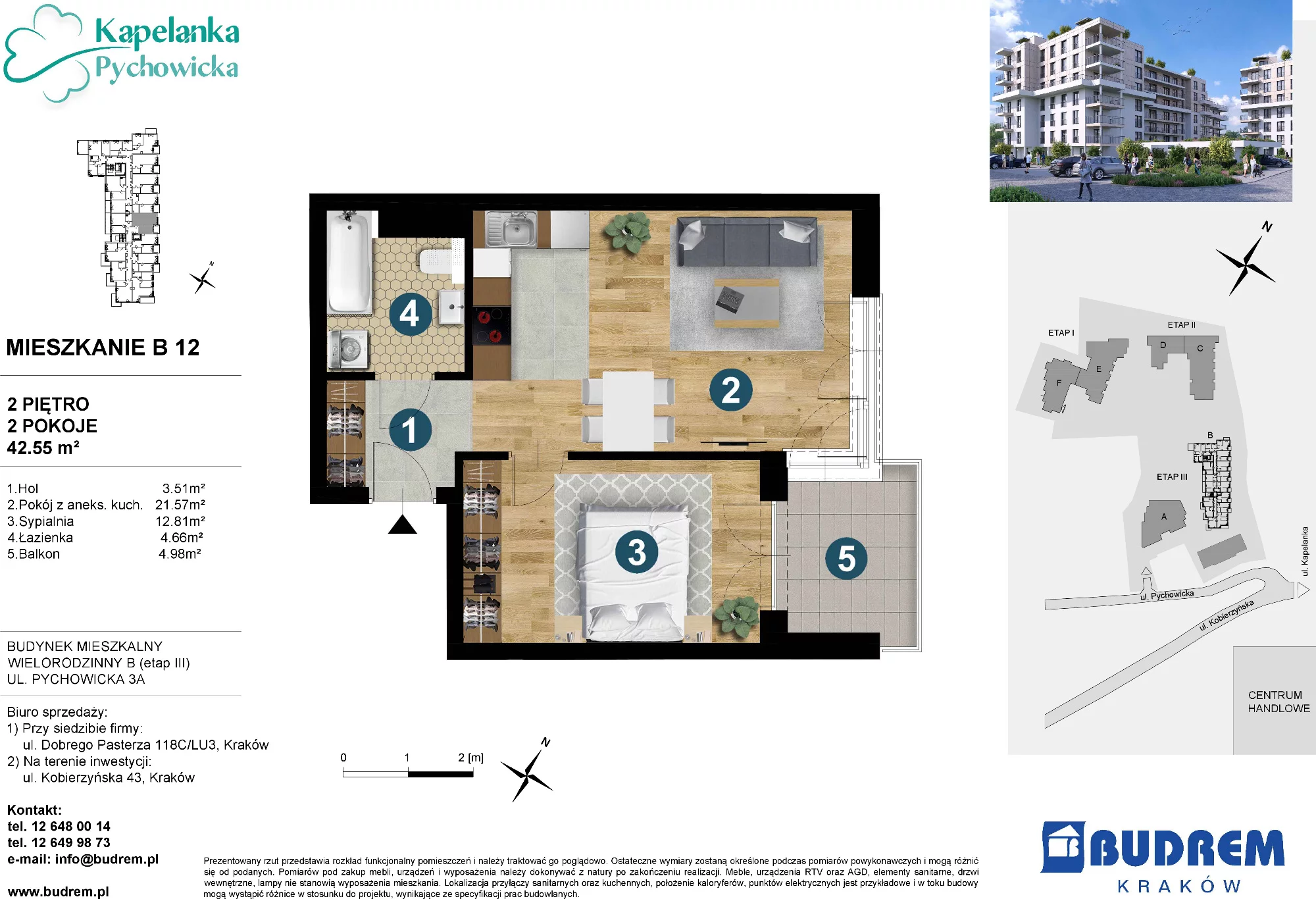 Mieszkanie 42,55 m², piętro 2, oferta nr B12, Kapelanka – Pychowicka - Budynek B, Kraków, Dębniki, Zakrzówek, ul. Pychowicka 3 / 3A