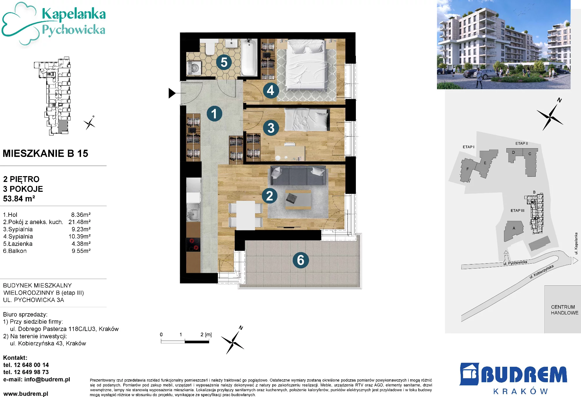 3 pokoje, mieszkanie 53,84 m², piętro 2, oferta nr B15, Kapelanka – Pychowicka - Budynek B, Kraków, Dębniki, Zakrzówek, ul. Pychowicka 3 / 3A