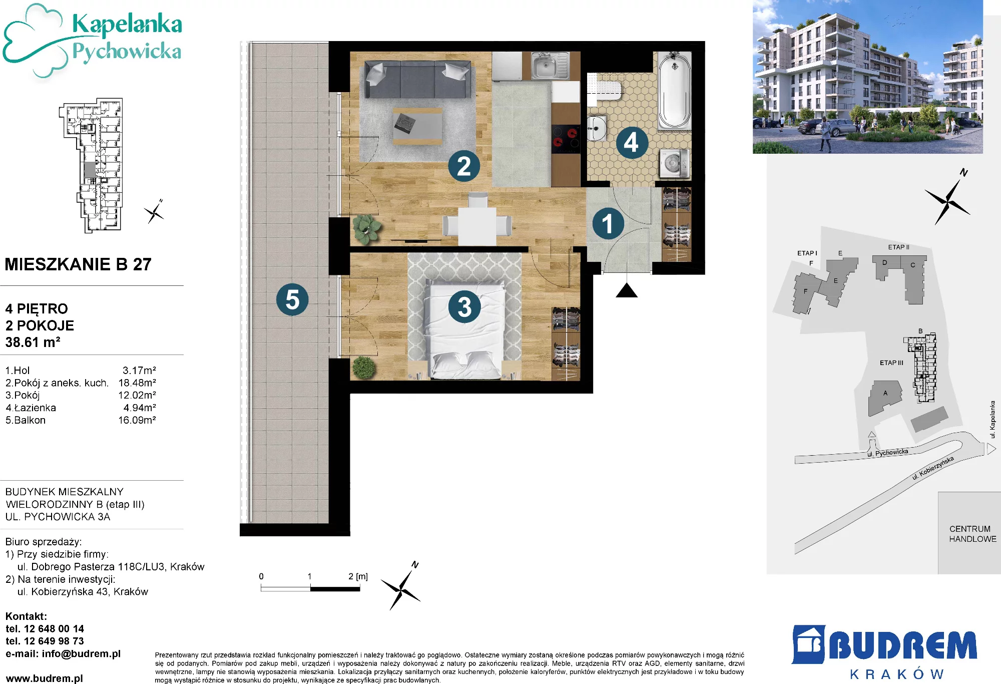 Mieszkanie 38,61 m², piętro 4, oferta nr B27, Kapelanka – Pychowicka - Budynek B, Kraków, Dębniki, Zakrzówek, ul. Pychowicka 3 / 3A