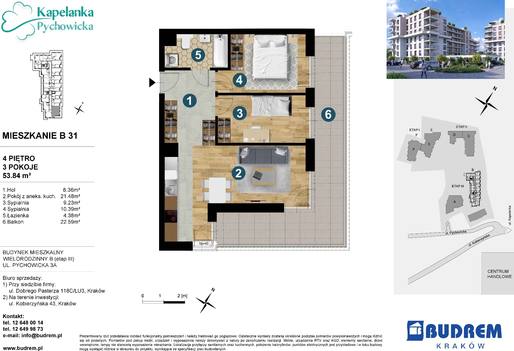 3 pokoje, mieszkanie 53,84 m², piętro 4, oferta nr B31, Kapelanka – Pychowicka - Budynek B, Kraków, Dębniki, Zakrzówek, ul. Pychowicka 3 / 3A