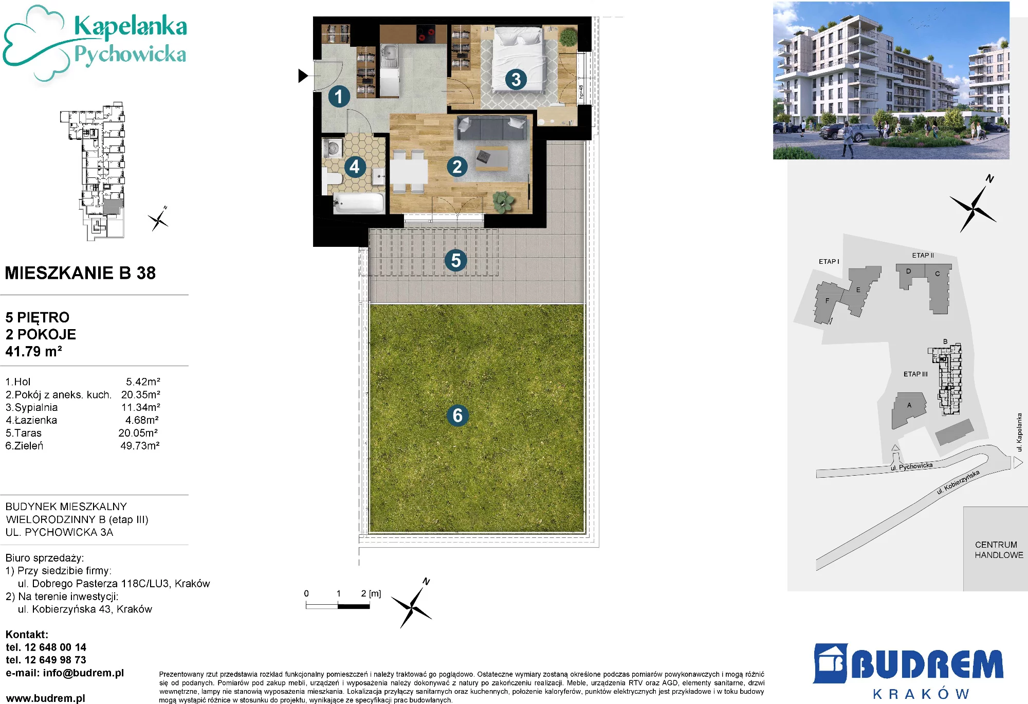 Mieszkanie 41,79 m², piętro 5, oferta nr B38, Kapelanka – Pychowicka - Budynek B, Kraków, Dębniki, Zakrzówek, ul. Pychowicka 3 / 3A