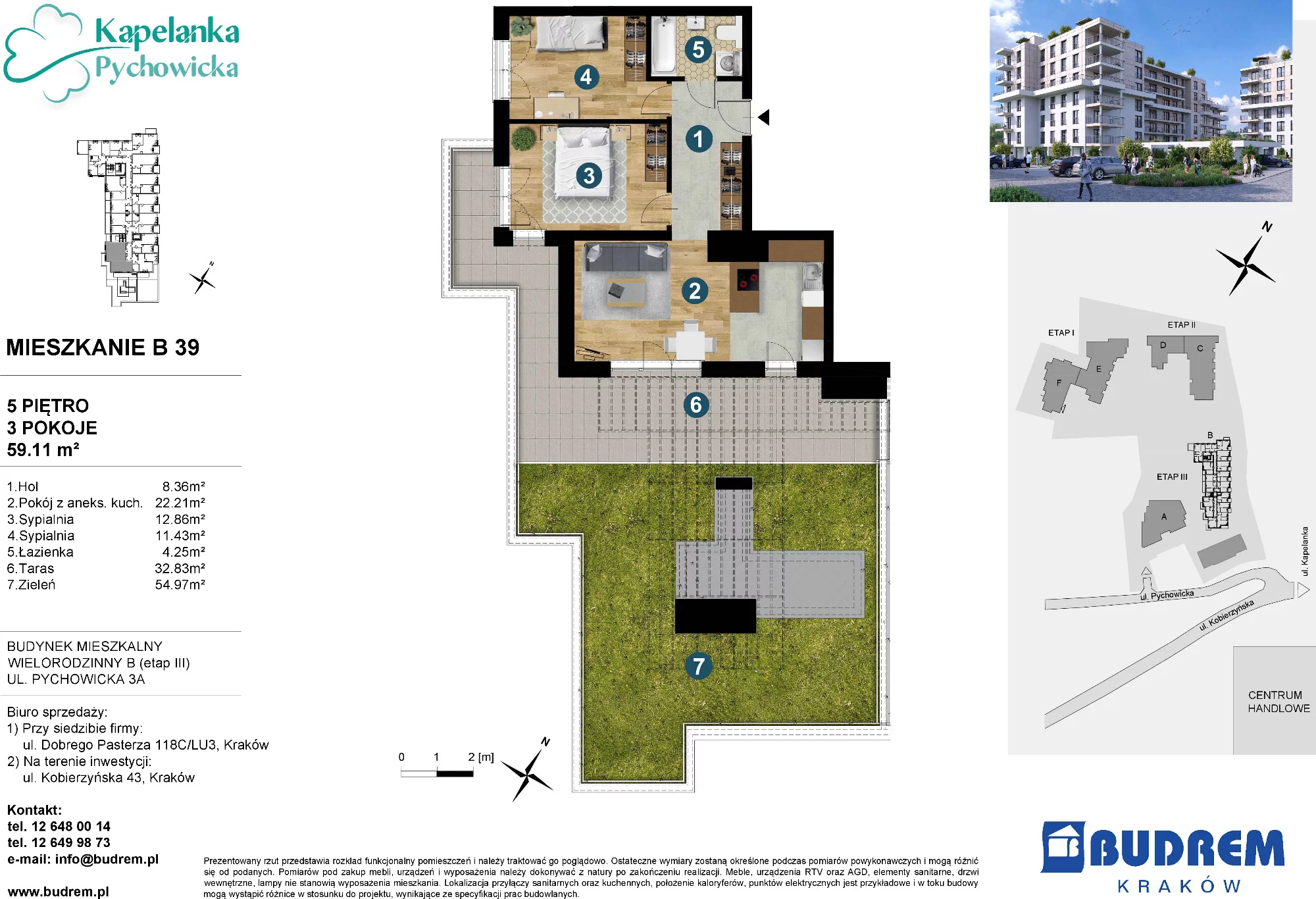 3 pokoje, mieszkanie 59,11 m², piętro 5, oferta nr B39, Kapelanka – Pychowicka - Budynek B, Kraków, Dębniki, Zakrzówek, ul. Pychowicka 3 / 3A