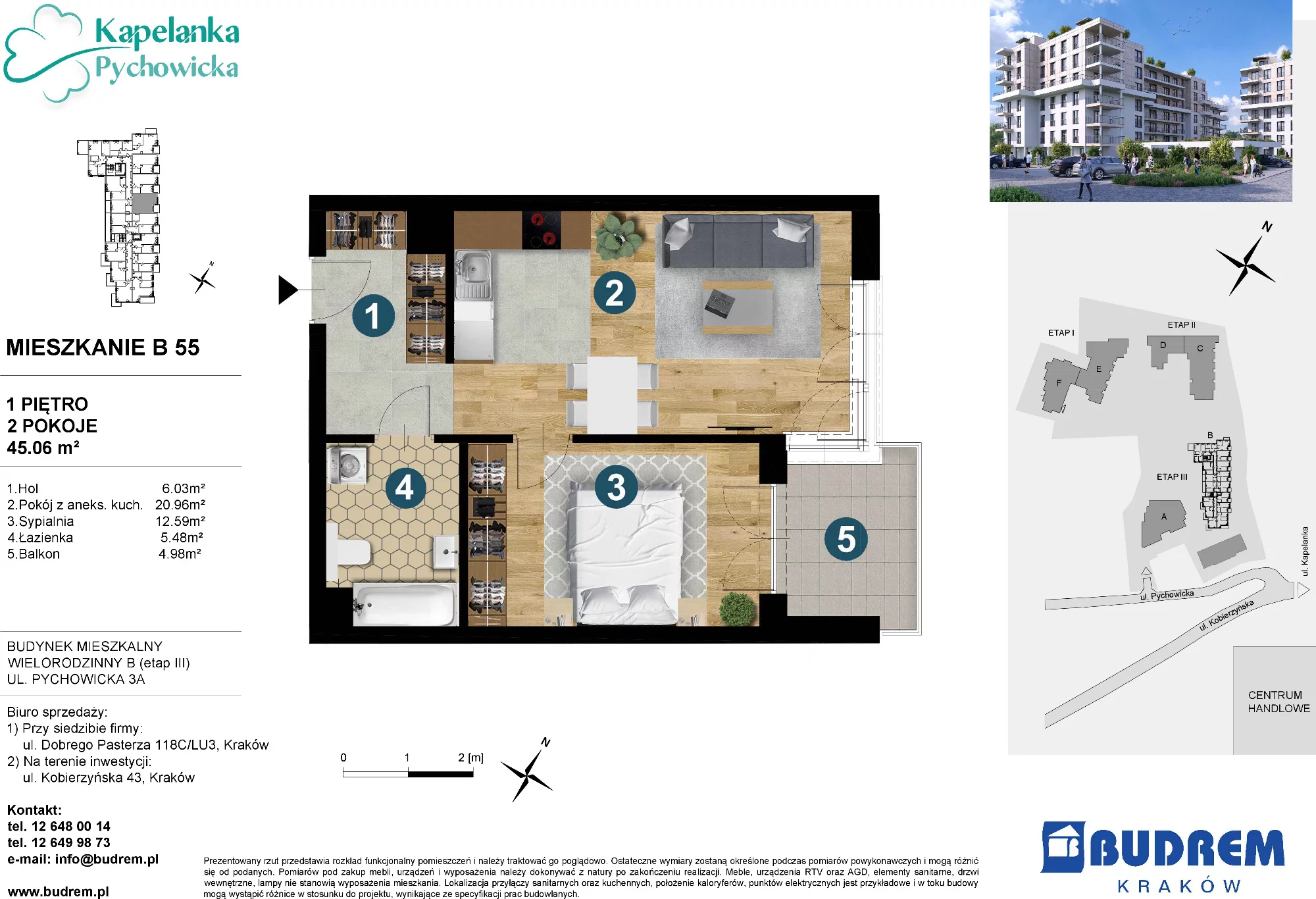 Mieszkanie 45,06 m², piętro 1, oferta nr B55, Kapelanka – Pychowicka - Budynek B, Kraków, Dębniki, Zakrzówek, ul. Pychowicka 3 / 3A