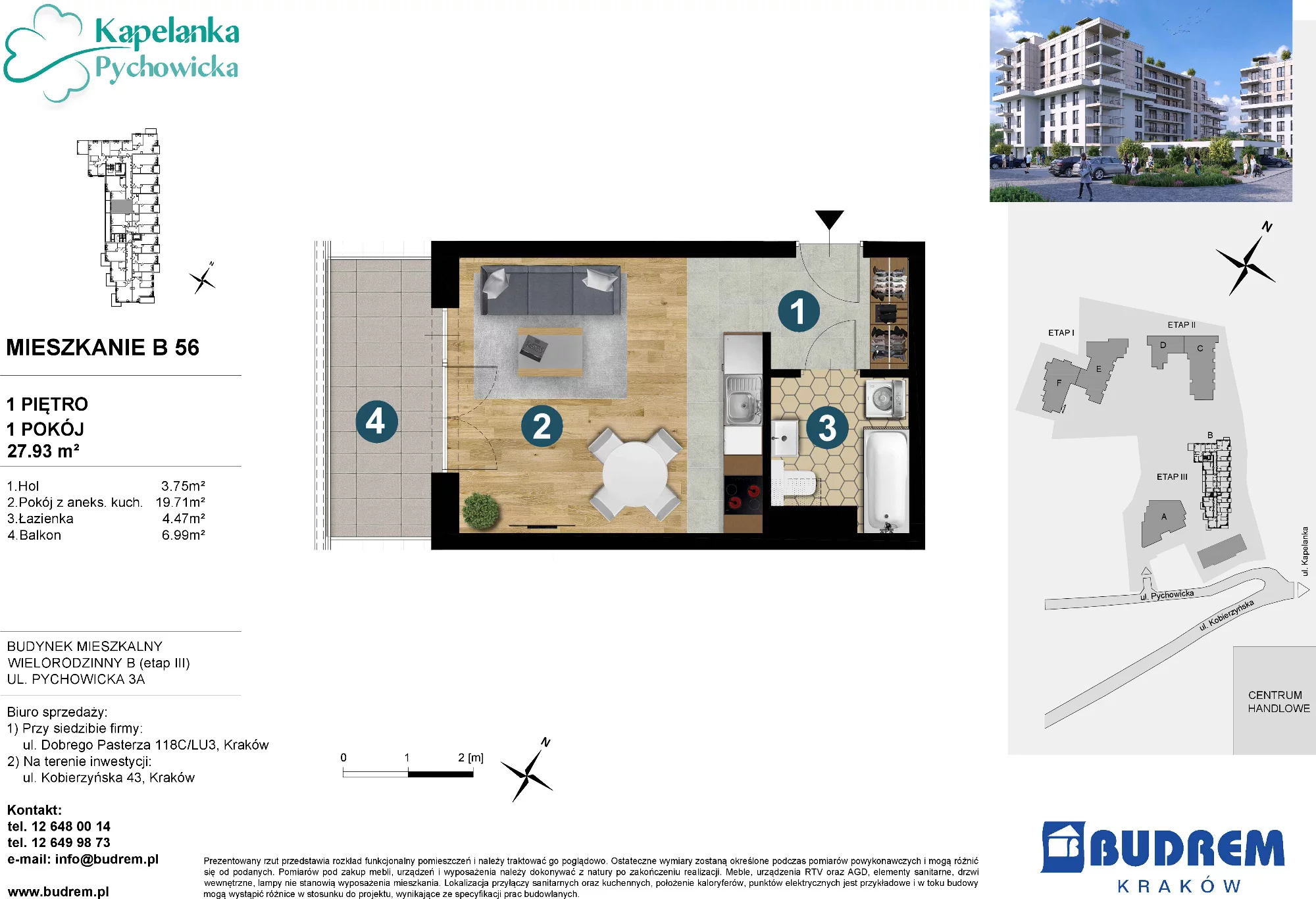 Mieszkanie 27,93 m², piętro 1, oferta nr B56, Kapelanka – Pychowicka - Budynek B, Kraków, Dębniki, Zakrzówek, ul. Pychowicka 3 / 3A