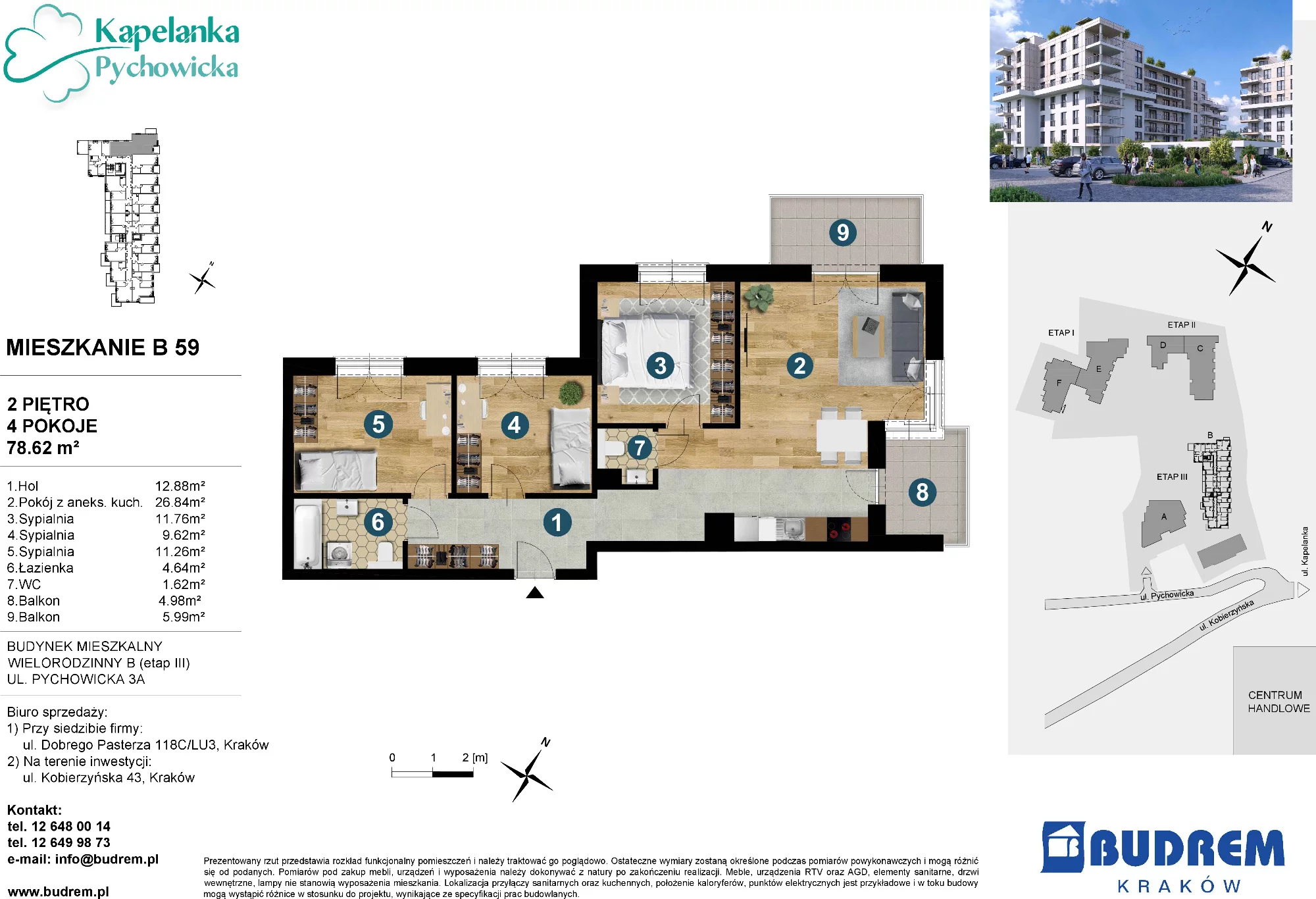 4 pokoje, mieszkanie 78,62 m², piętro 2, oferta nr B59, Kapelanka – Pychowicka - Budynek B, Kraków, Dębniki, Zakrzówek, ul. Pychowicka 3 / 3A