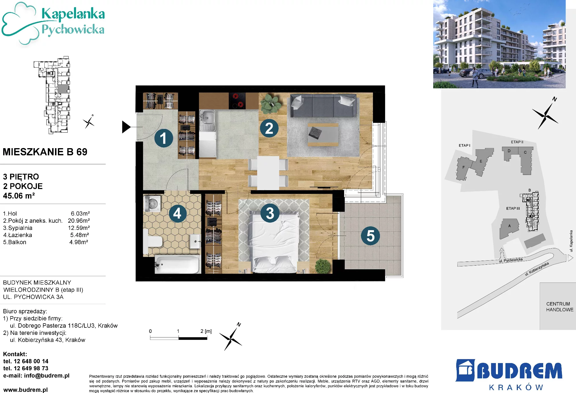 Mieszkanie 45,06 m², piętro 3, oferta nr B69, Kapelanka – Pychowicka - Budynek B, Kraków, Dębniki, Zakrzówek, ul. Pychowicka 3 / 3A