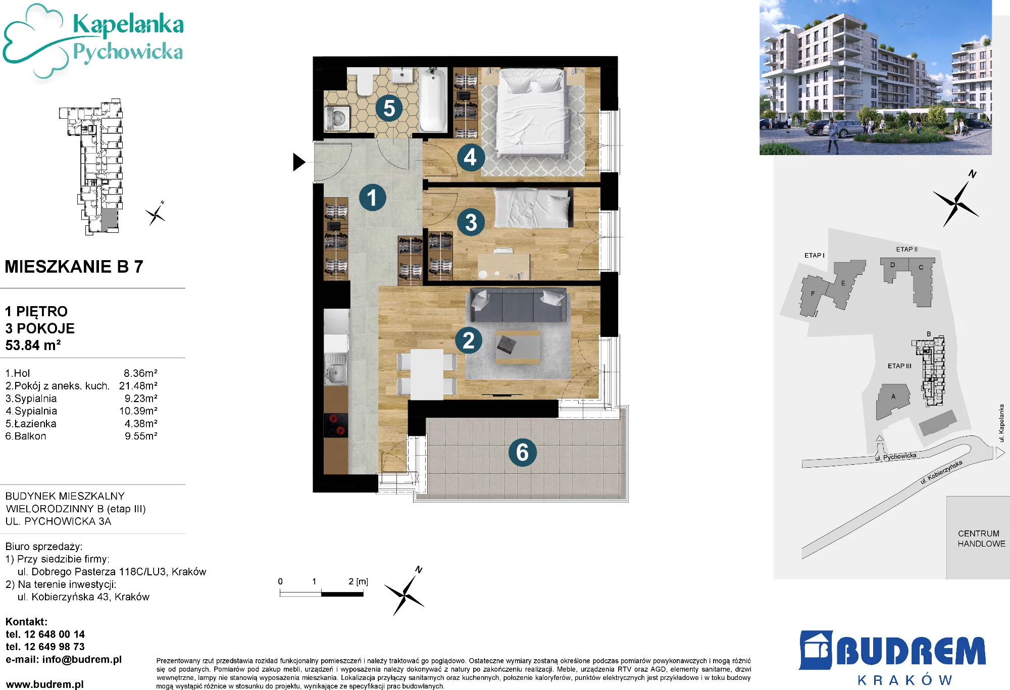 3 pokoje, mieszkanie 53,84 m², piętro 1, oferta nr B7, Kapelanka – Pychowicka - Budynek B, Kraków, Dębniki, Zakrzówek, ul. Pychowicka 3 / 3A