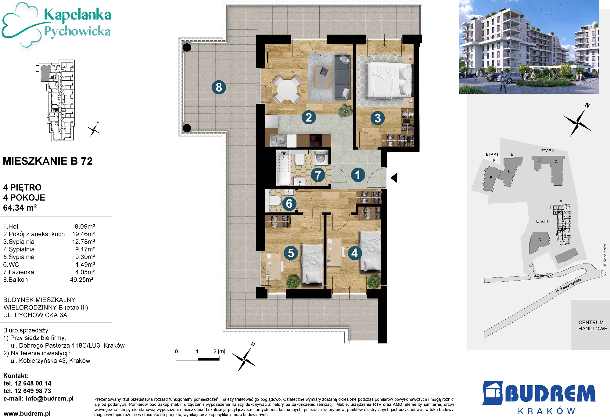 4 pokoje, mieszkanie 64,34 m², piętro 4, oferta nr B72, Kapelanka – Pychowicka - Budynek B, Kraków, Dębniki, Zakrzówek, ul. Pychowicka 3 / 3A