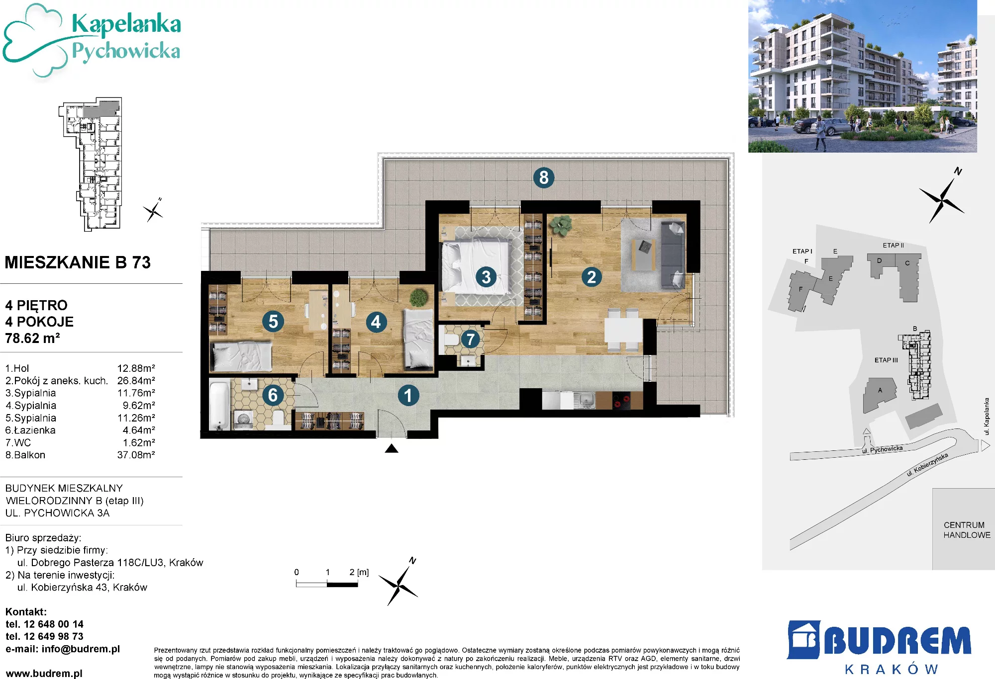 4 pokoje, mieszkanie 78,62 m², piętro 4, oferta nr B73, Kapelanka – Pychowicka - Budynek B, Kraków, Dębniki, Zakrzówek, ul. Pychowicka 3 / 3A