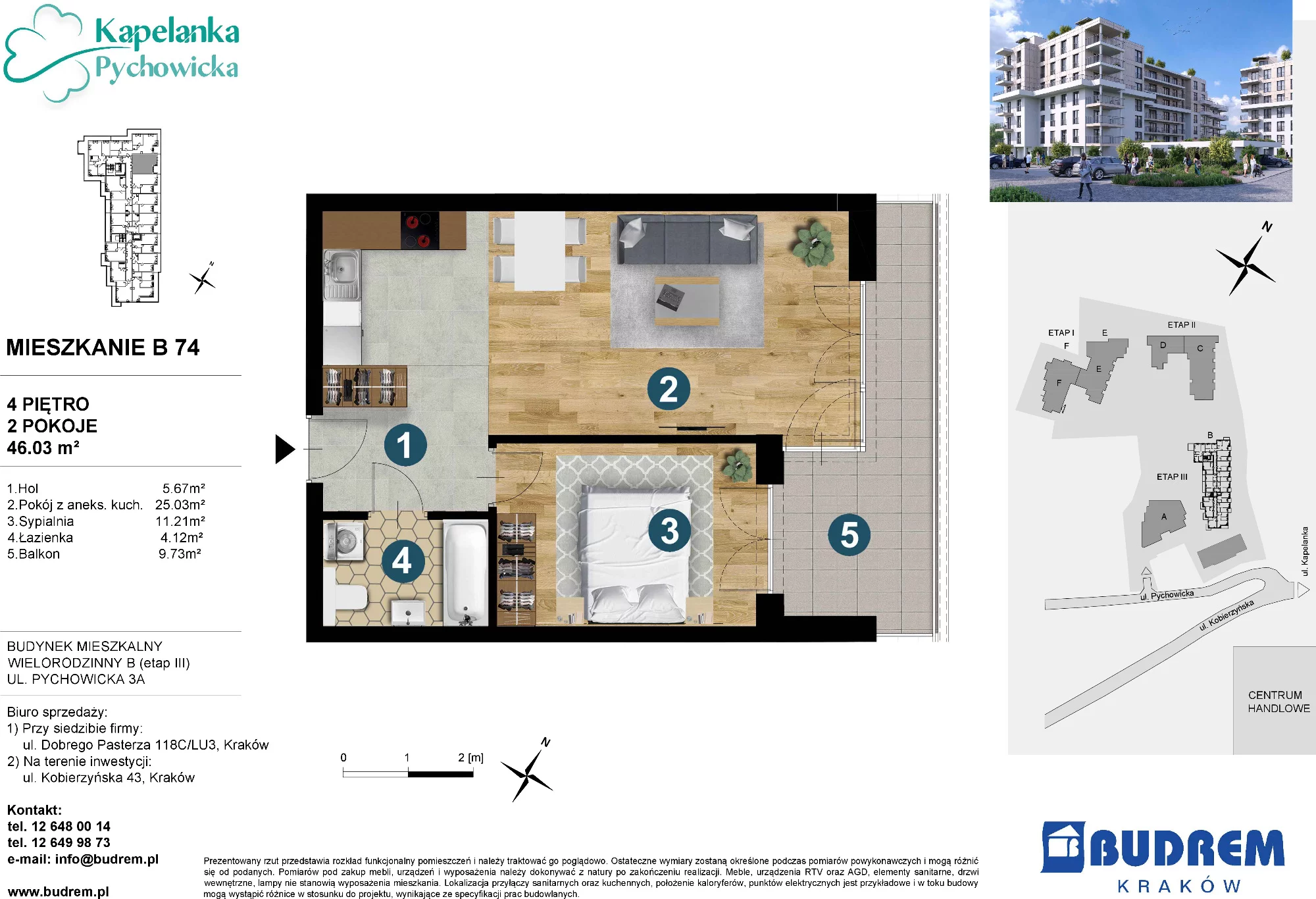 Mieszkanie 46,03 m², piętro 4, oferta nr B74, Kapelanka – Pychowicka - Budynek B, Kraków, Dębniki, Zakrzówek, ul. Pychowicka 3 / 3A