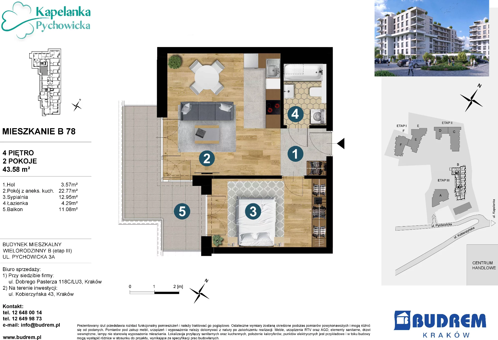 Mieszkanie 43,58 m², piętro 4, oferta nr B78, Kapelanka – Pychowicka - Budynek B, Kraków, Dębniki, Zakrzówek, ul. Pychowicka 3 / 3A