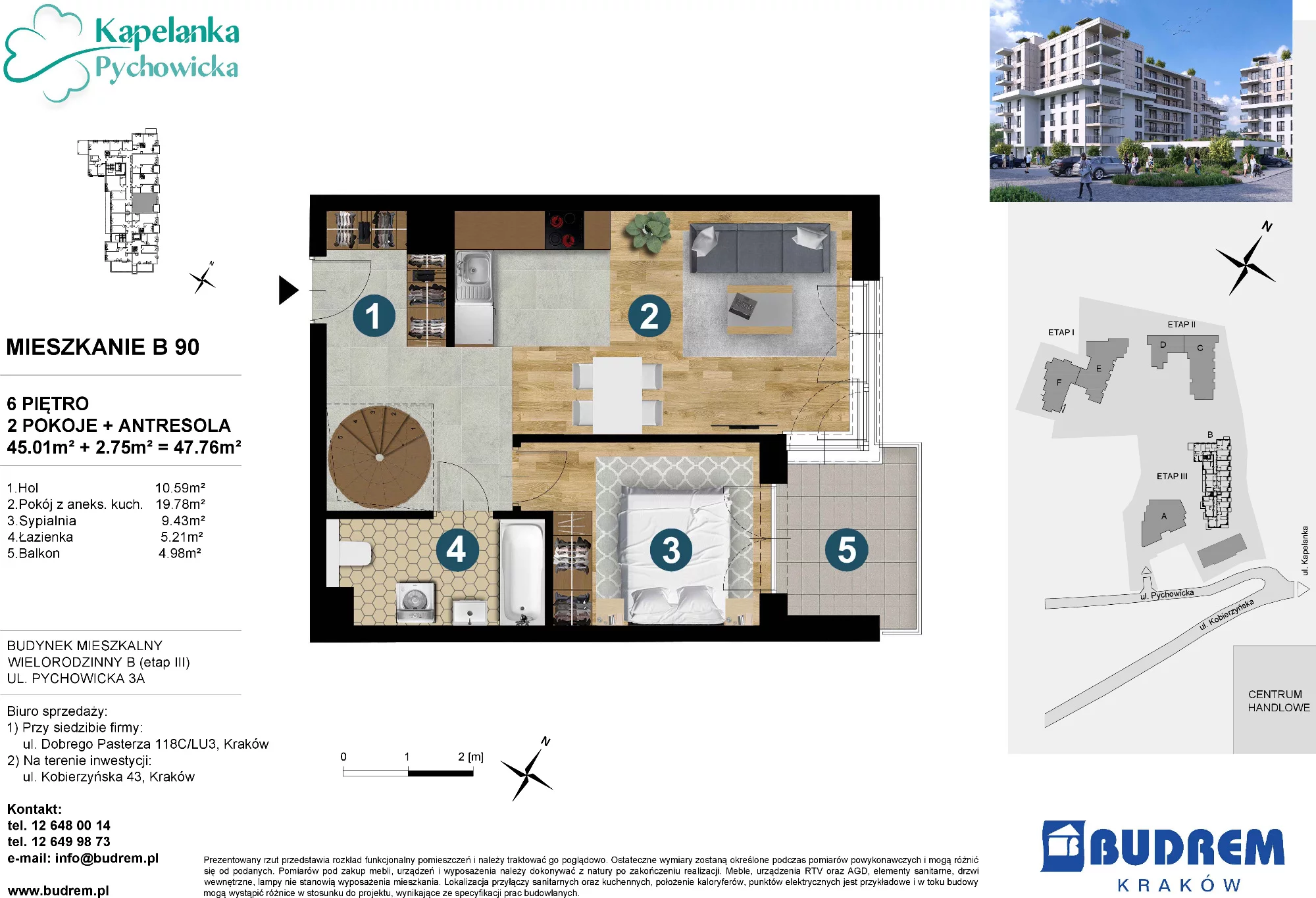 Mieszkanie 47,76 m², piętro 6, oferta nr B90, Kapelanka – Pychowicka - Budynek B, Kraków, Dębniki, Zakrzówek, ul. Pychowicka 3 / 3A