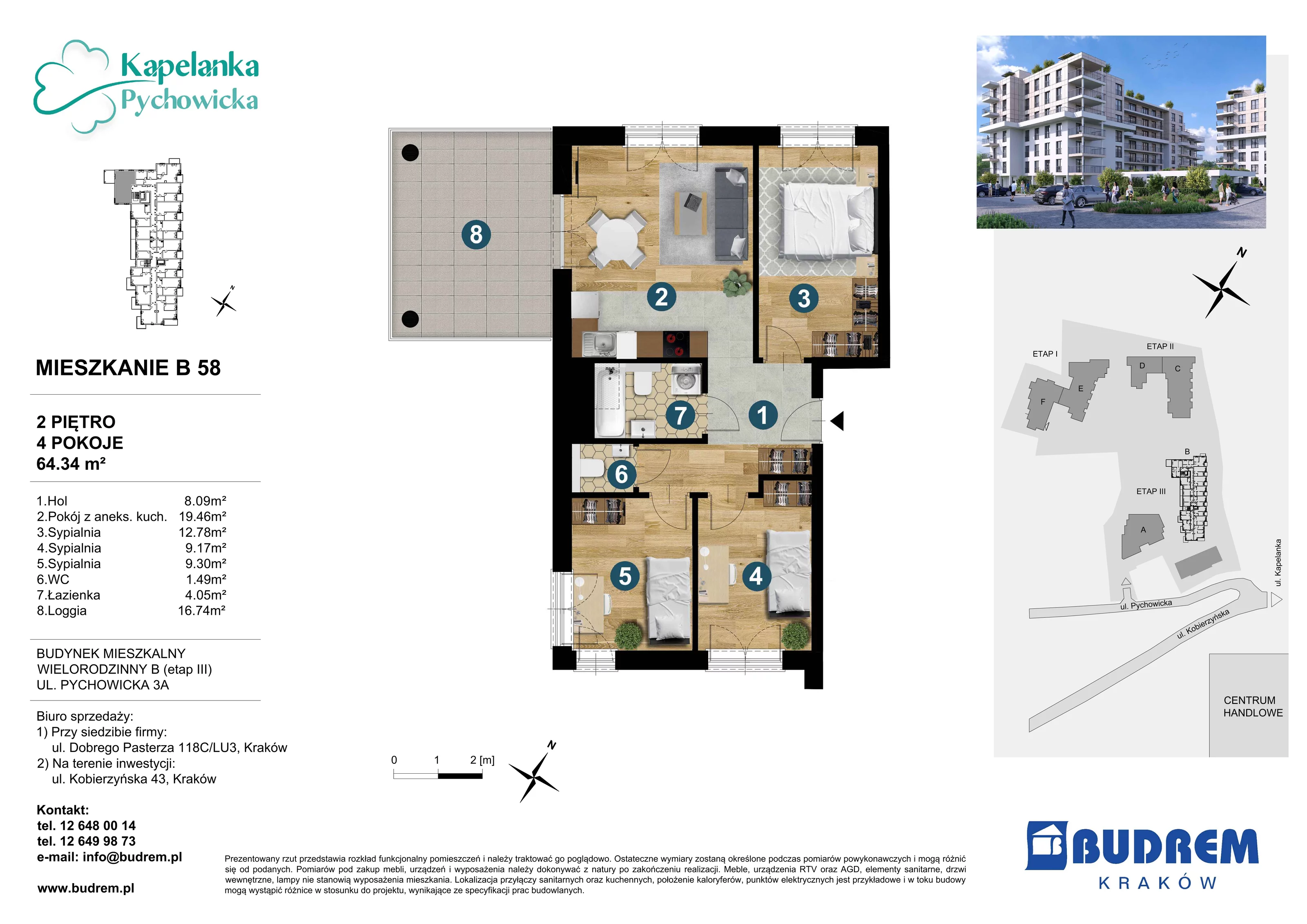 4 pokoje, mieszkanie 64,34 m², piętro 2, oferta nr B58, Kapelanka – Pychowicka - Budynek B, Kraków, Dębniki, Zakrzówek, ul. Pychowicka 3 / 3A