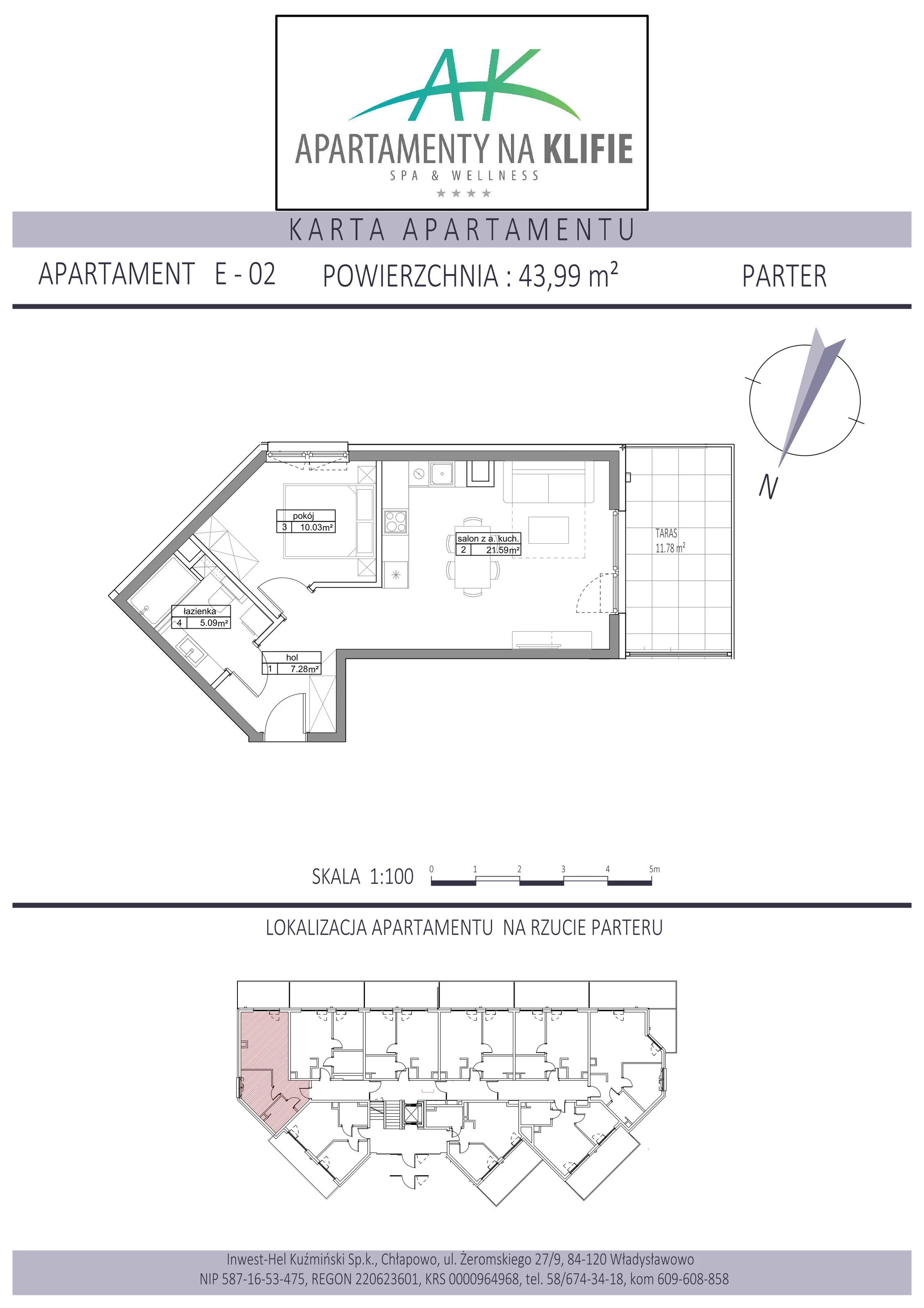 Apartament 43,99 m², parter, oferta nr E-02, Apartamenty na Klifie, Władysławowo, Chłapowo, ul. Żeromskiego 27