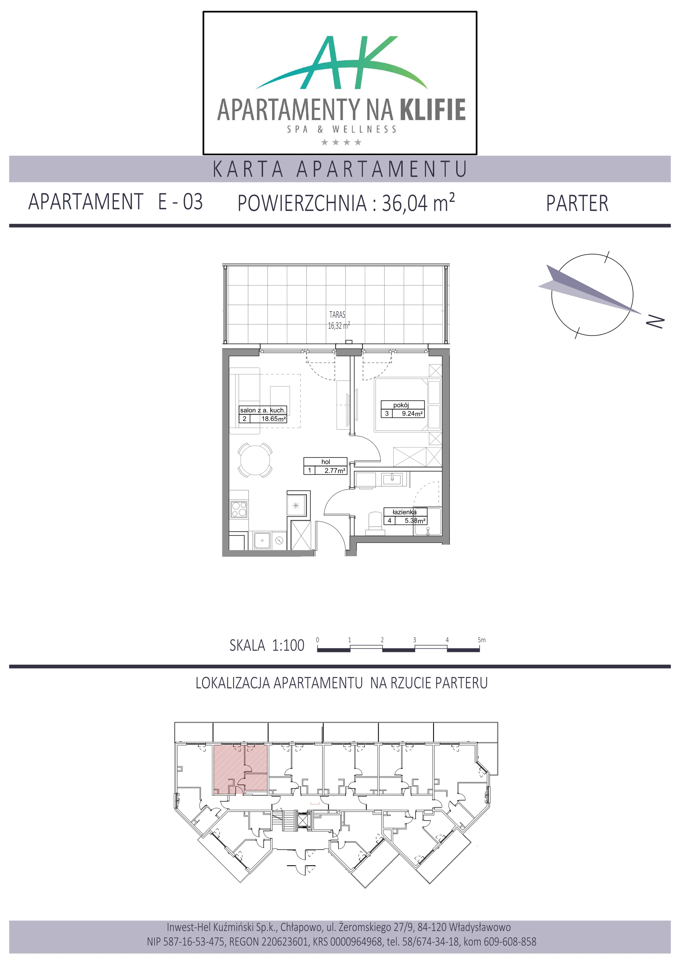 Apartament 36,04 m², parter, oferta nr E-03, Apartamenty na Klifie, Władysławowo, Chłapowo, ul. Żeromskiego 27