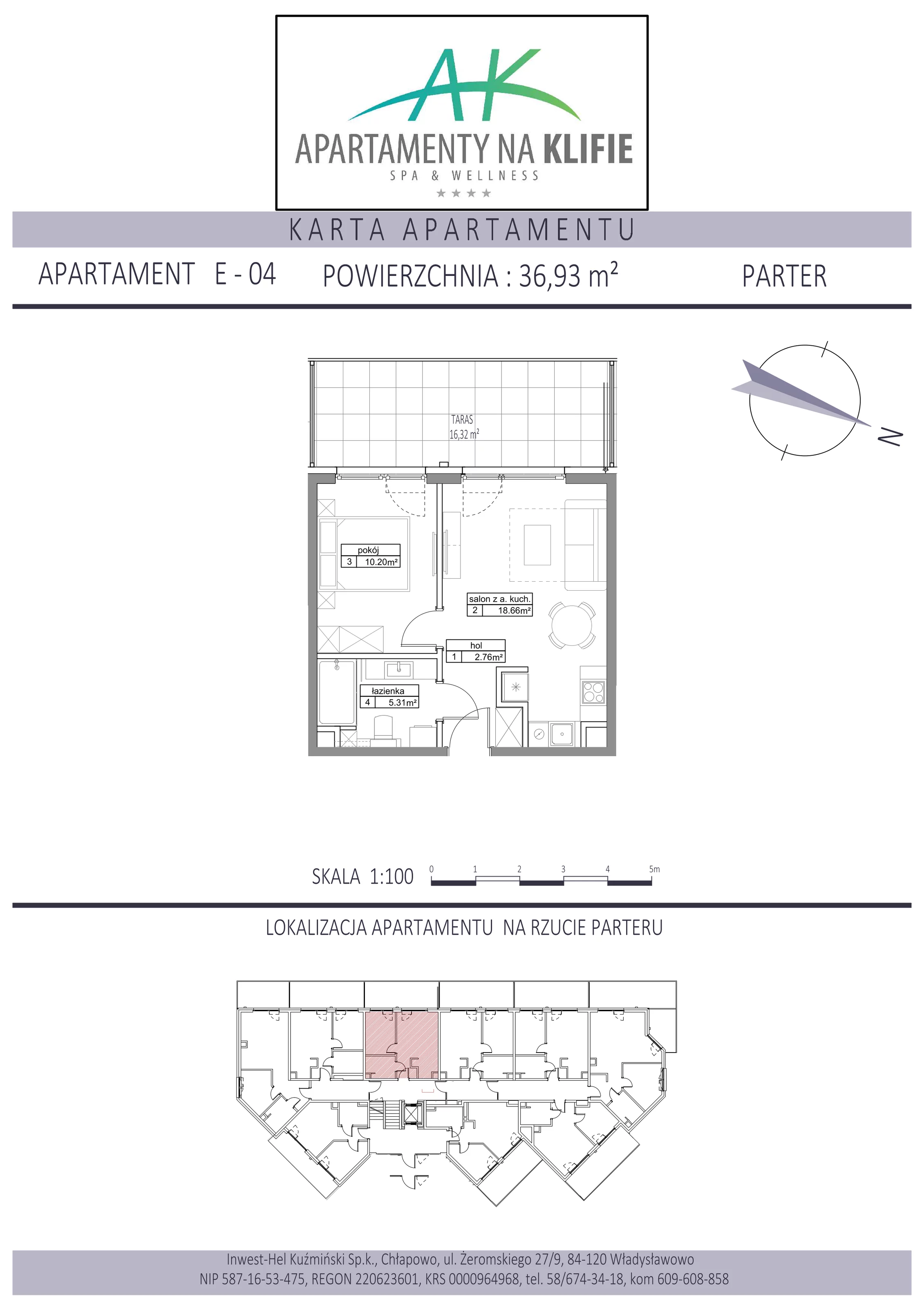 Apartament 36,93 m², parter, oferta nr E-04, Apartamenty na Klifie, Władysławowo, Chłapowo, ul. Żeromskiego 27