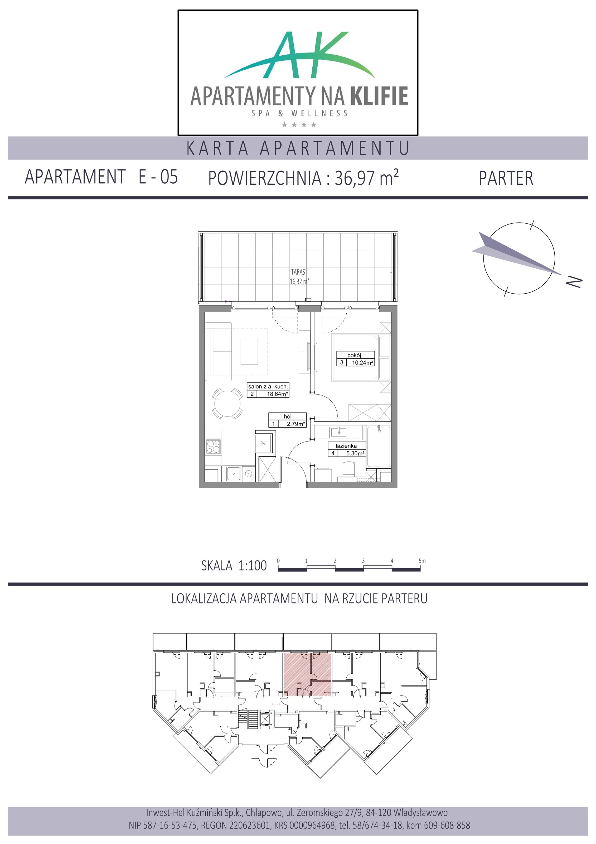 Apartament 36,97 m², parter, oferta nr E-05, Apartamenty na Klifie, Władysławowo, Chłapowo, ul. Żeromskiego 27